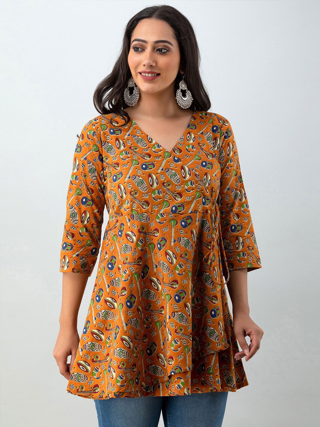 

FERANOID Ethnic Motifs Printed V-Neck Pure Cotton Angrakha Kurti, Mustard