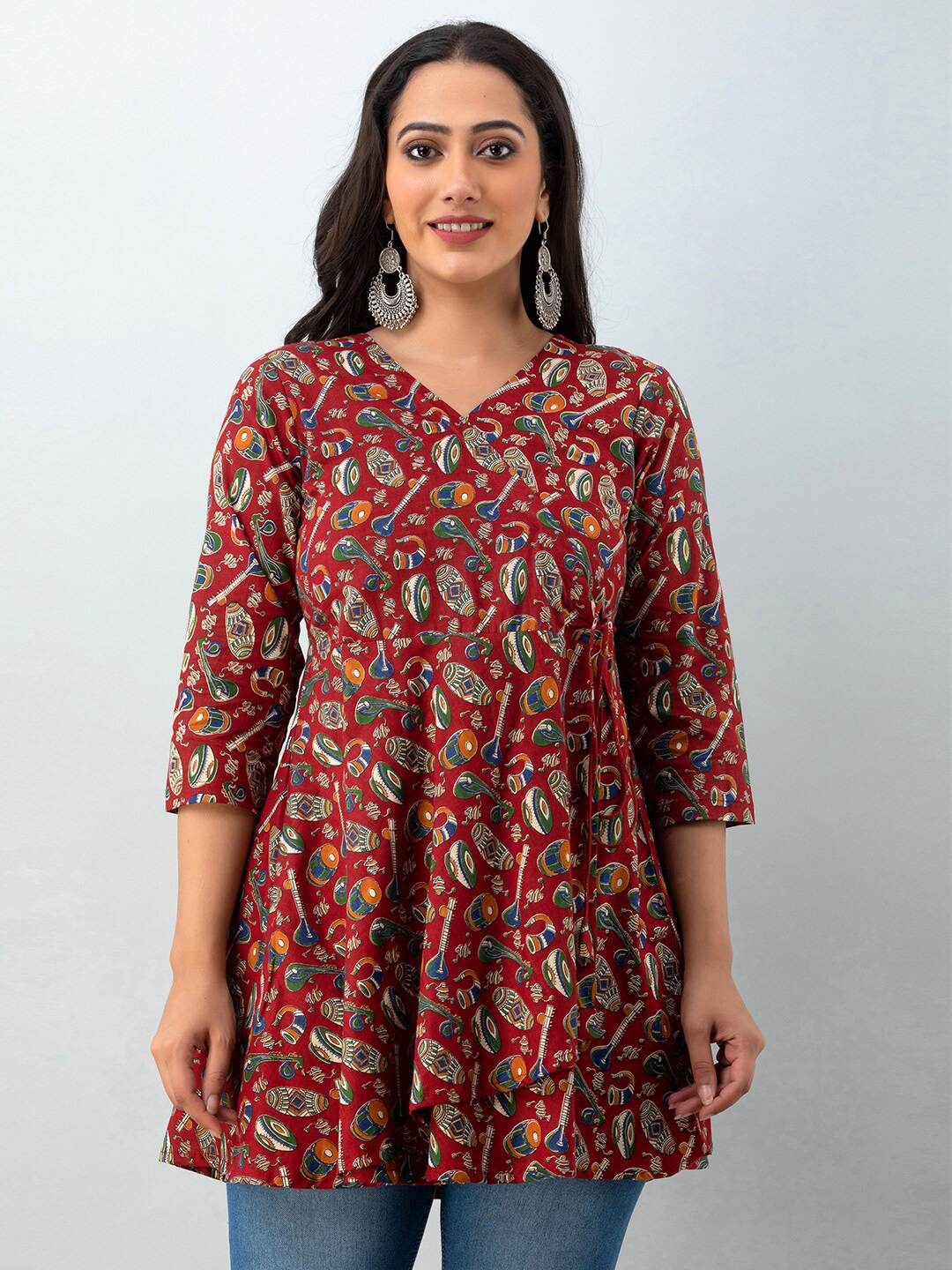 

FERANOID Ethnic Motifs Printed V-Neck Pure Cotton Angrakha Kurti, Maroon