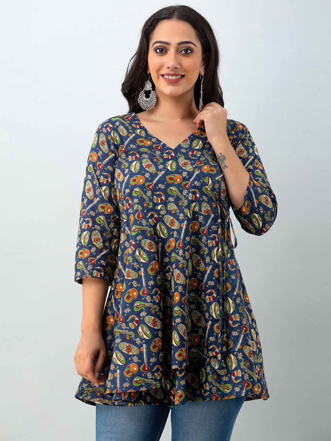 

FERANOID Ethnic Motifs Printed V-Neck Pure Cotton Angrakha Kurti, Blue