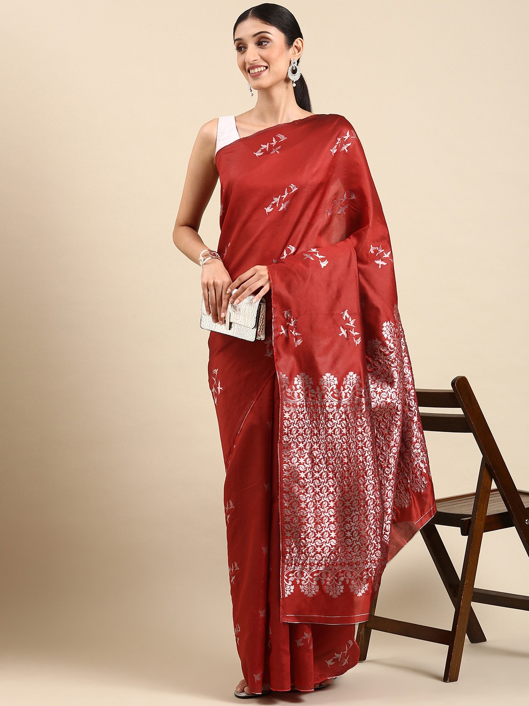 

ORUS Woven Design Zari Silk Blend Kanjeevaram Saree, Red