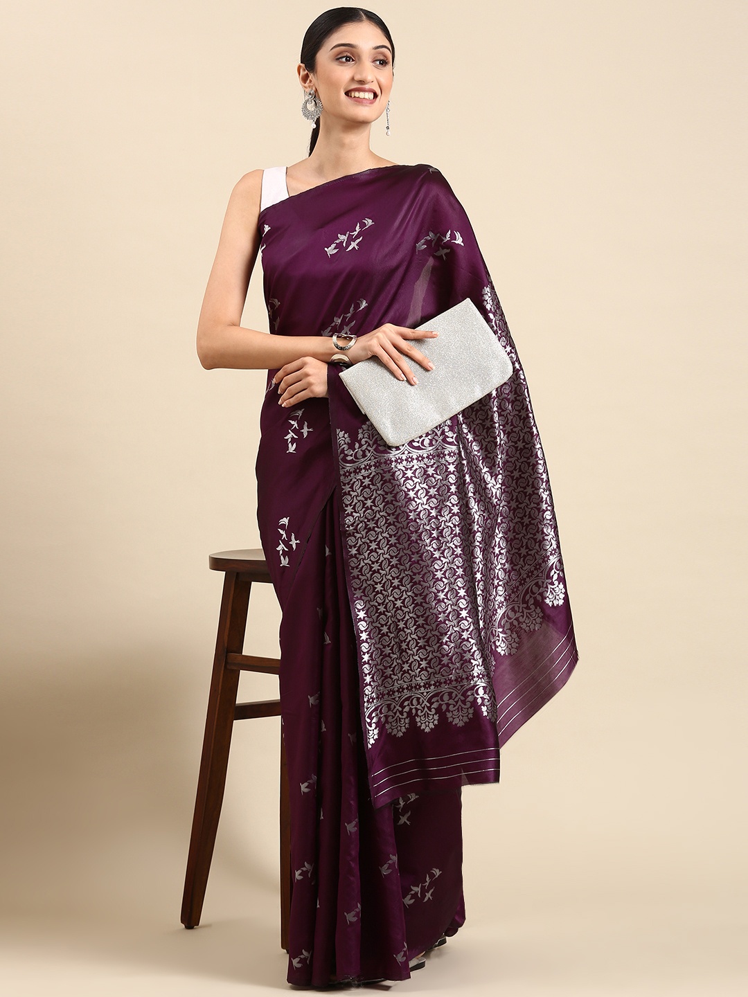 

ORUS Woven Design Zari Silk Blend Kanjeevaram Saree, Purple