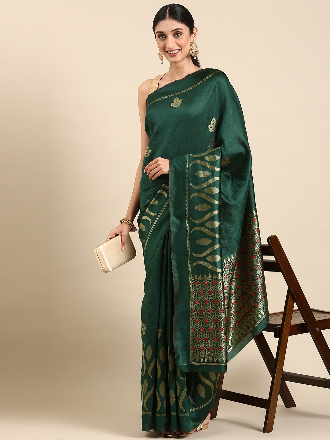 

ORUS Woven Design Zari Silk Blend Kanjeevaram Saree, Green