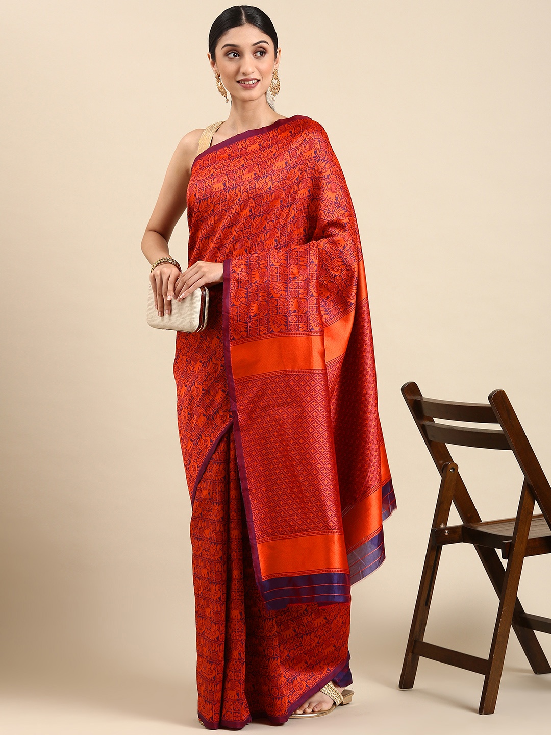 

ORUS Woven Design Zari Silk Blend Kanjeevaram Saree, Orange