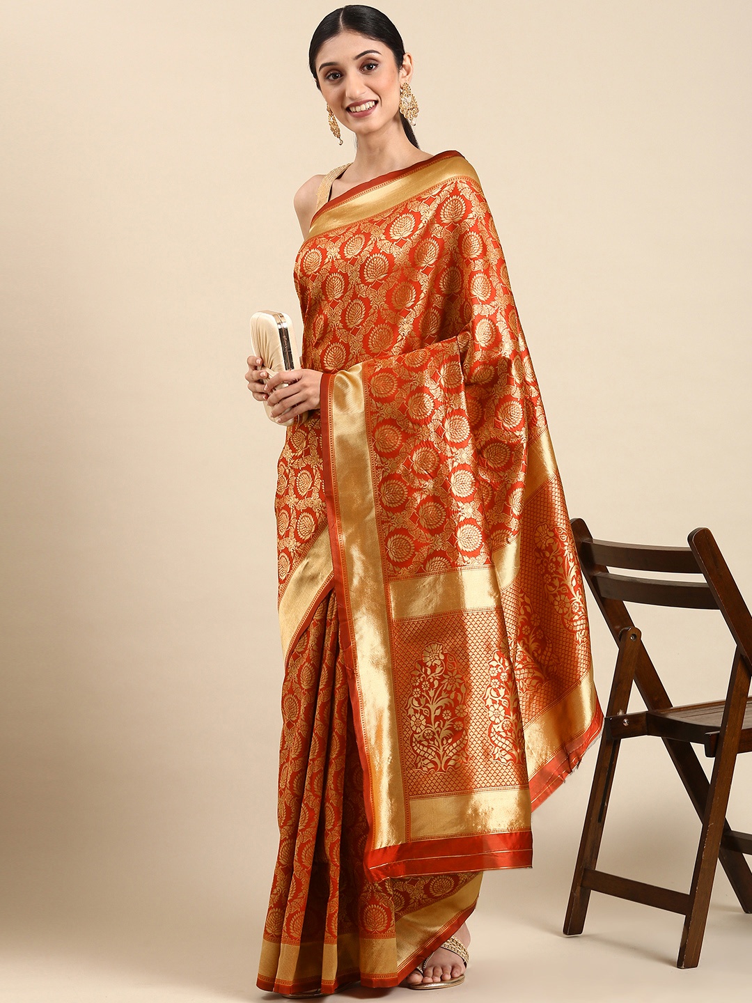

ORUS Woven Design Zari Silk Blend Banarasi Saree, Red