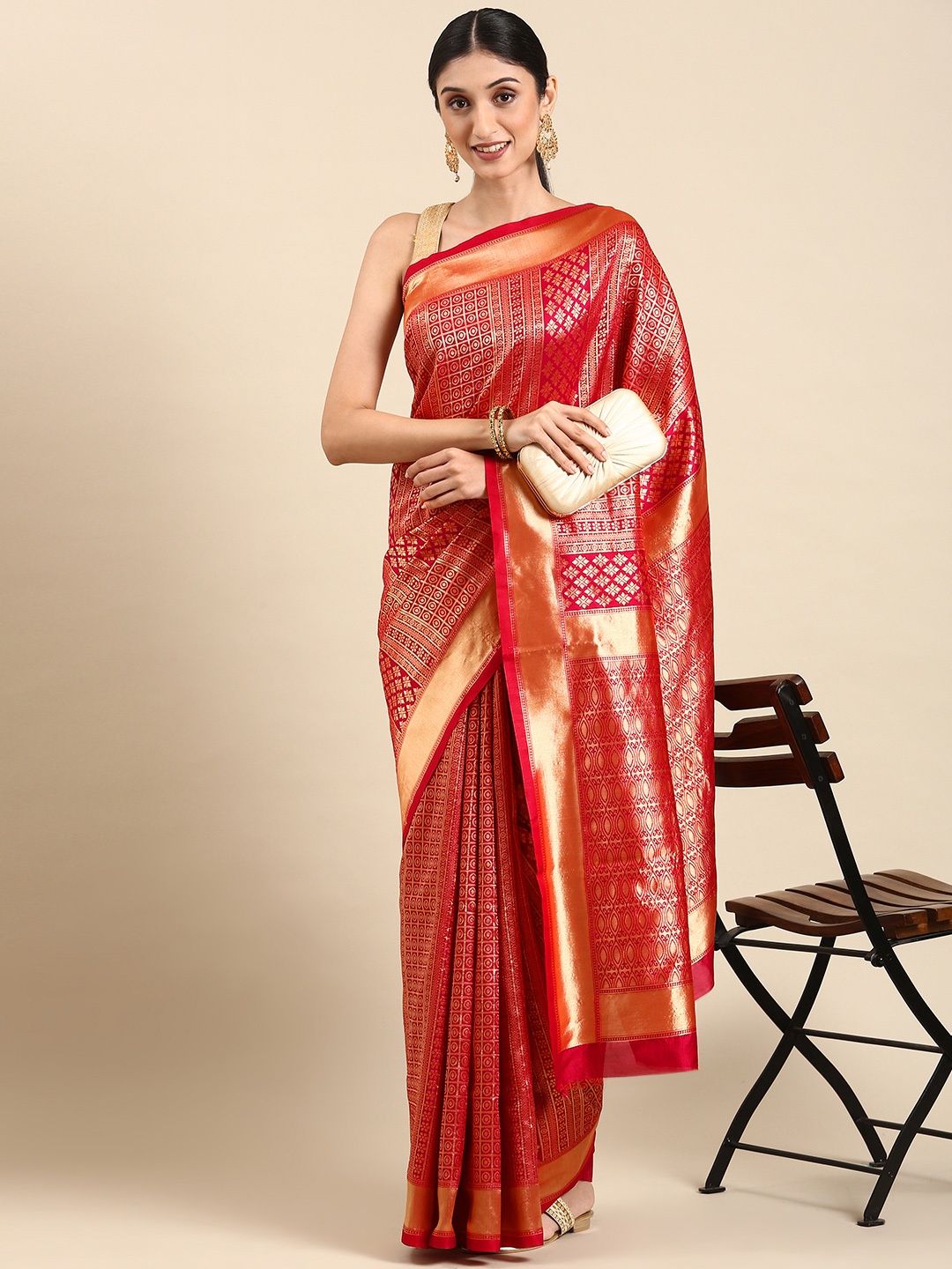 

ORUS Woven Design Zari Silk Blend Banarasi Saree, Red
