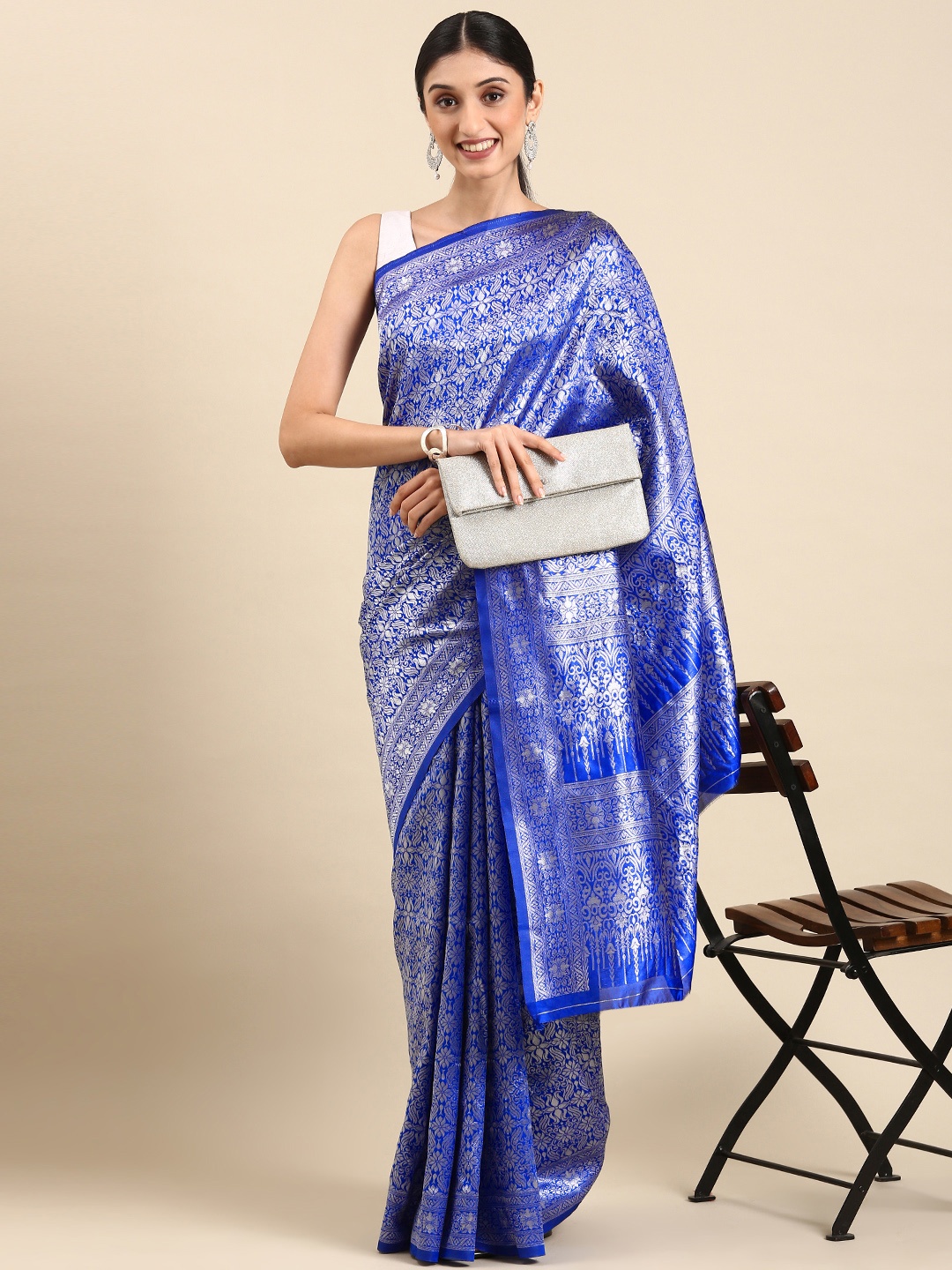 

ORUS Woven Design Zari Silk Blend Kanjeevaram Saree, Blue