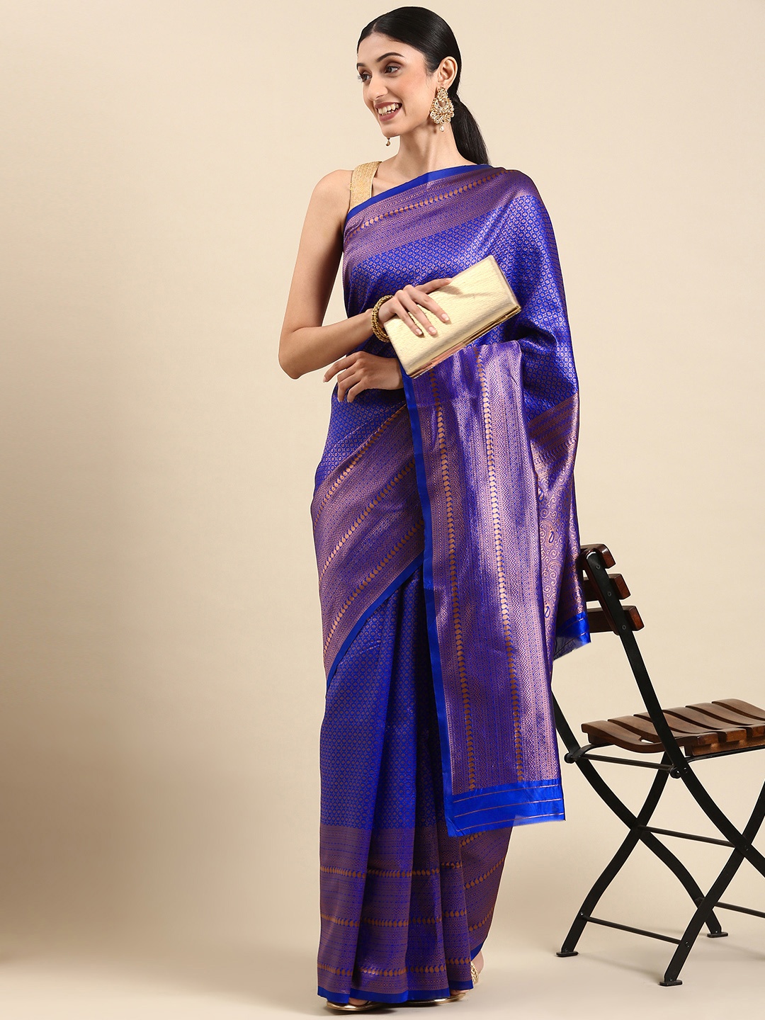 

ORUS Woven Design Zari Silk Blend Kanjeevaram Saree, Blue