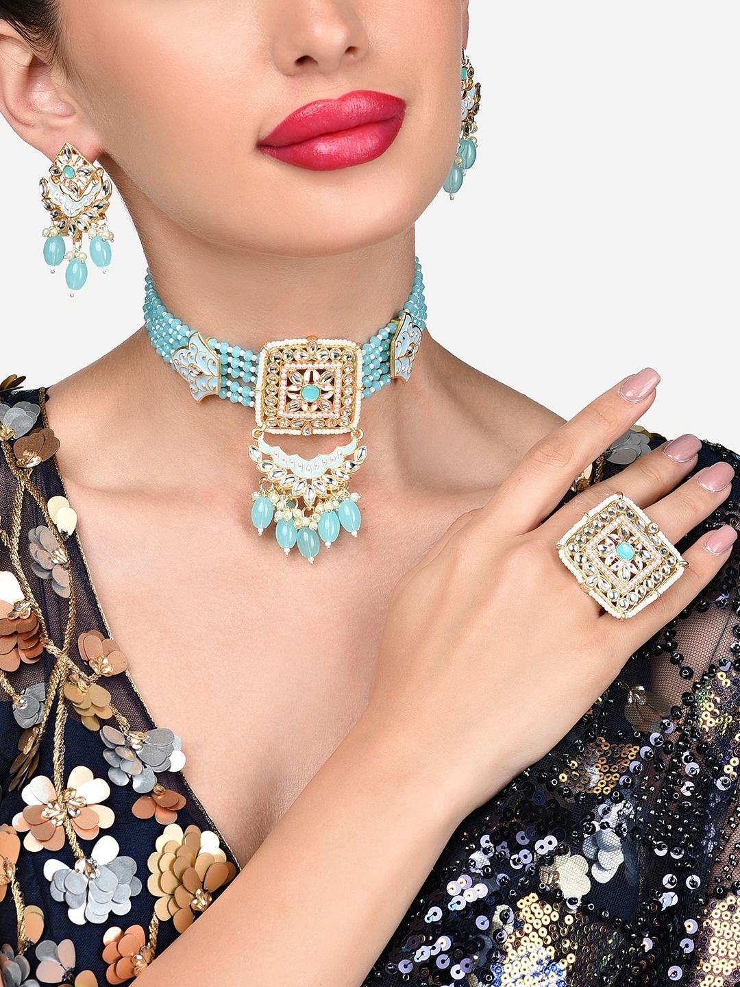 

Zaveri Pearls Gold-Plated Kundan Studded & Beaded Meenakari Jewellery Set, White