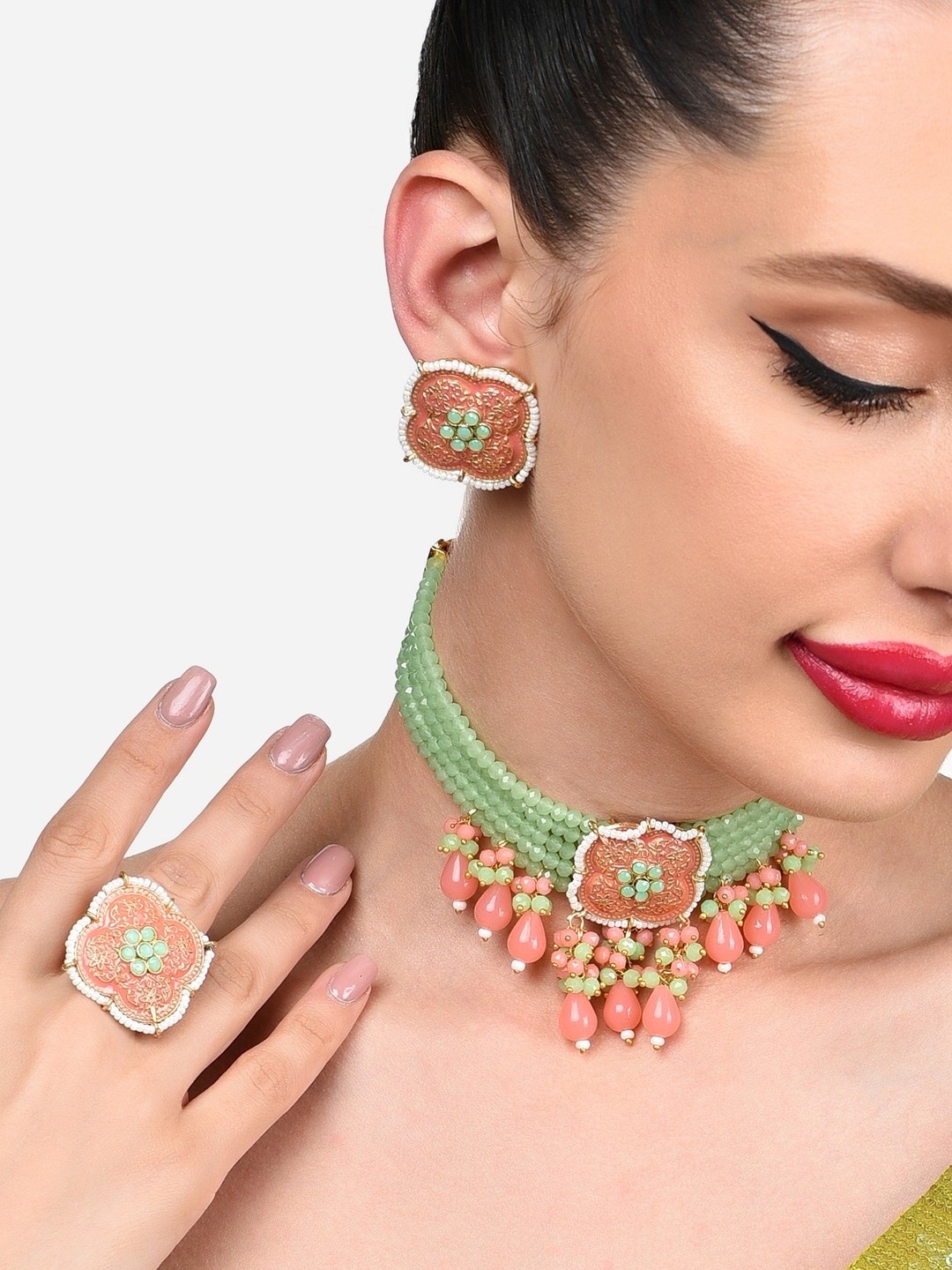 

Zaveri Pearls Gold-Plated Stone-Studded & Pearl Beaded Jewellery Set, Sea green