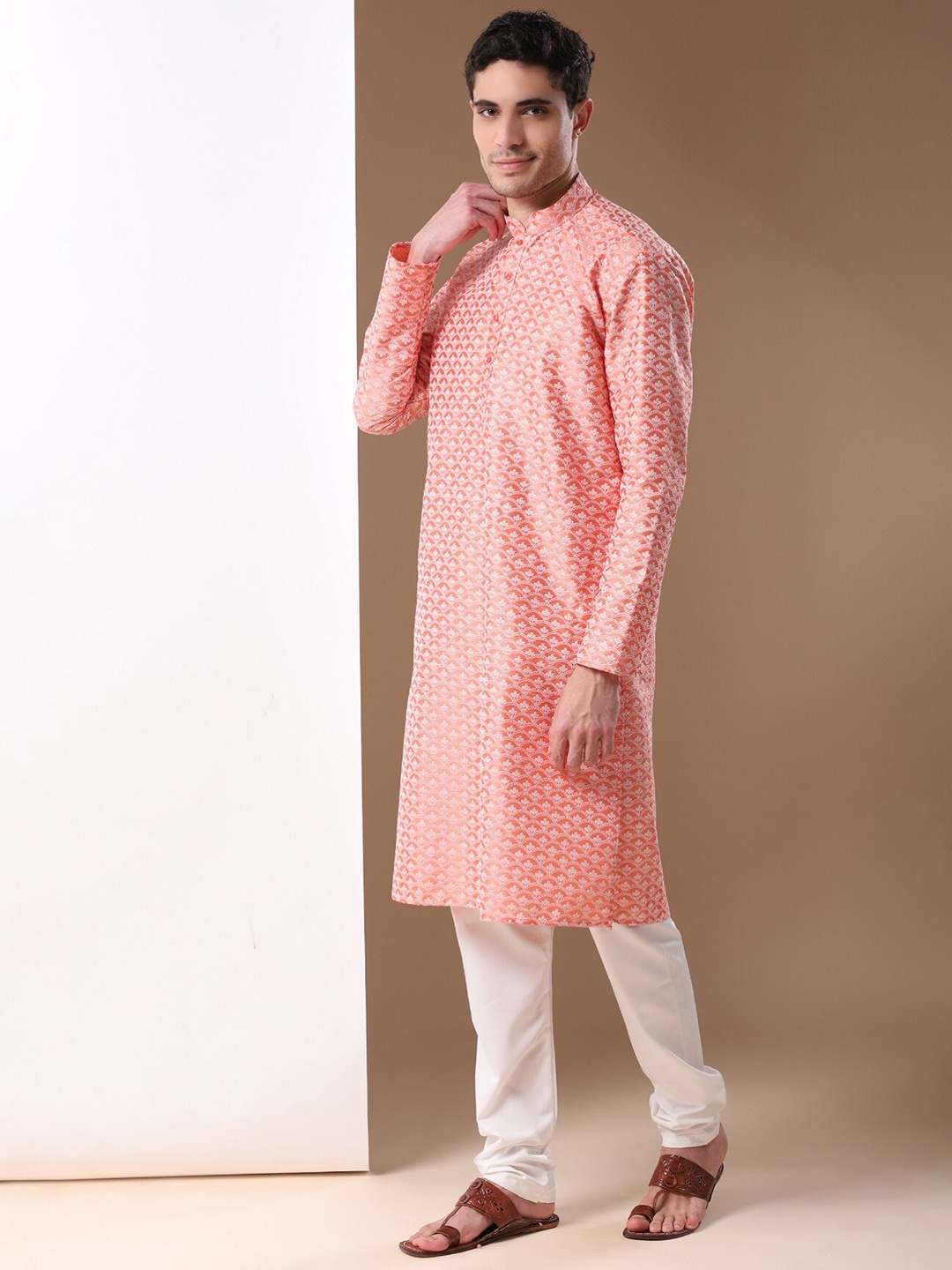

GoStyle Mandarin Collar Embroidered Pure Cotton Kurta With Churidar, Peach