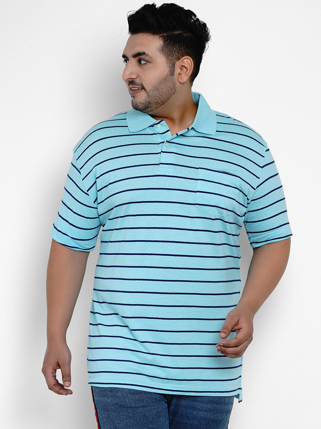 

Santonio Plus Size Striped Polo Collar Pure Cotton T-shirt, Blue