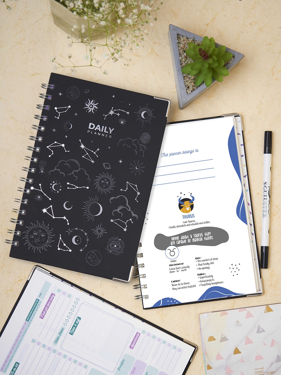 

Doodle Zodiac Taurus Printed Daily Planner Notebook, Black