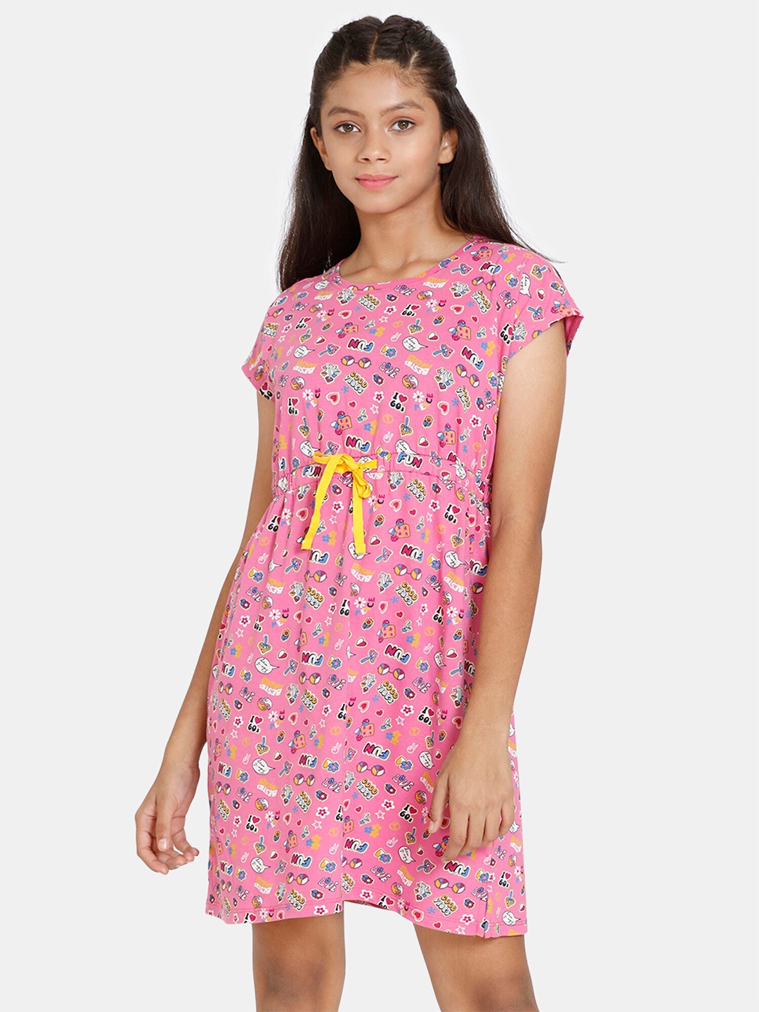 

Zivame Girls Conversational Printed Pure Cotton Nightdress, Pink