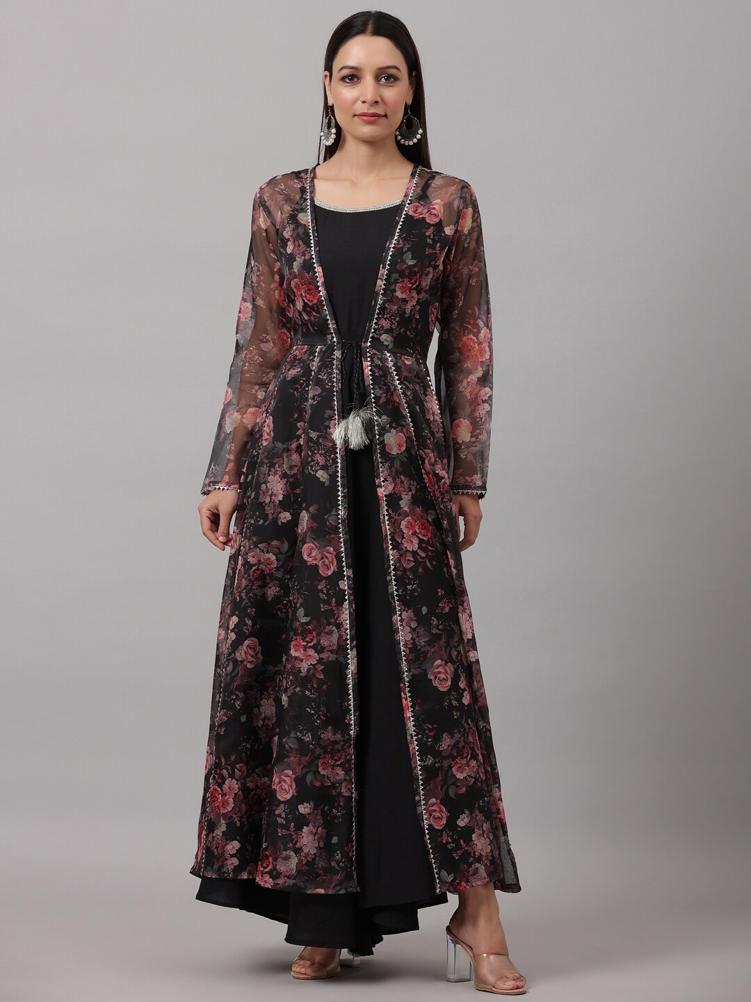 

Do Dhaage Floral Printed Maxi Silk Dress with Jacket, Black