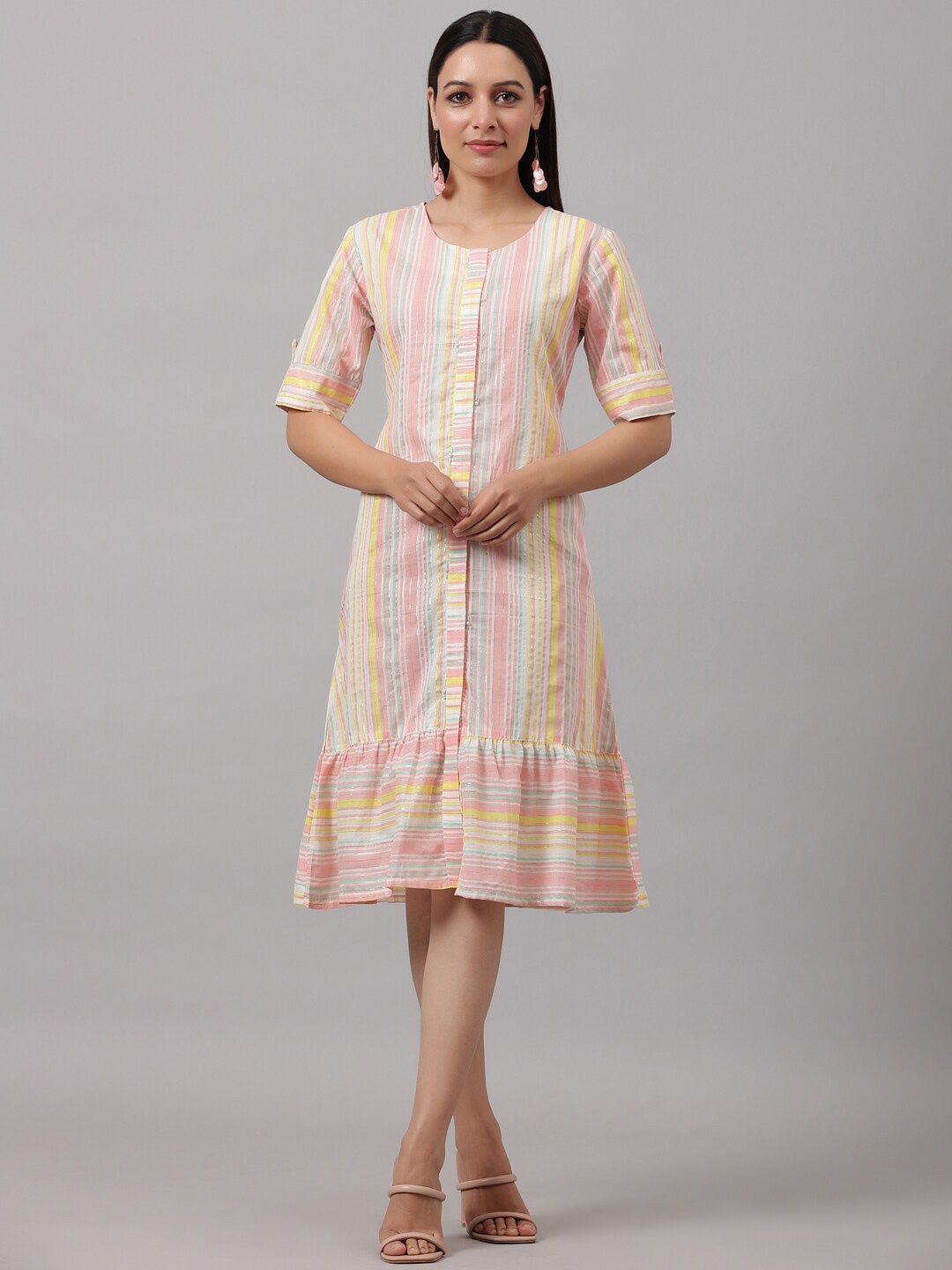

Do Dhaage Striped Round Neck Cotton Shirt Midi Dress, Pink