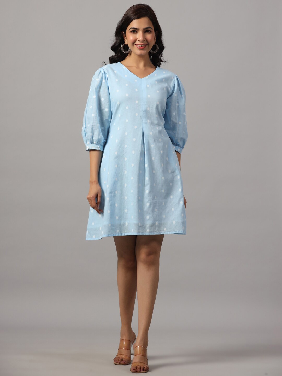 

Do Dhaage Printed V Neck Puff Sleeves Cotton A-Line Dress, Blue