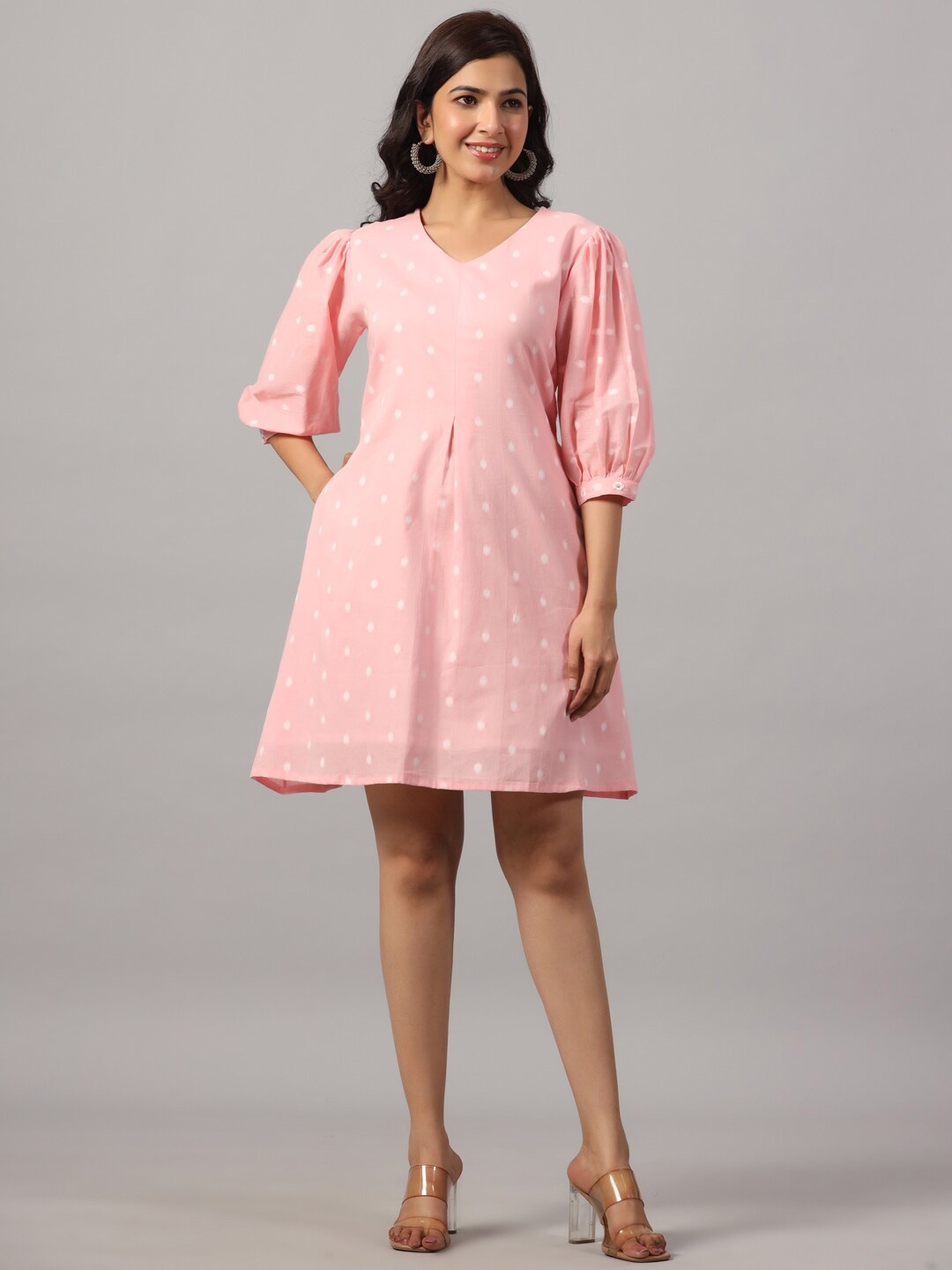 

Do Dhaage Printed V Neck Puff Sleeves Cotton A-Line Dress, Pink