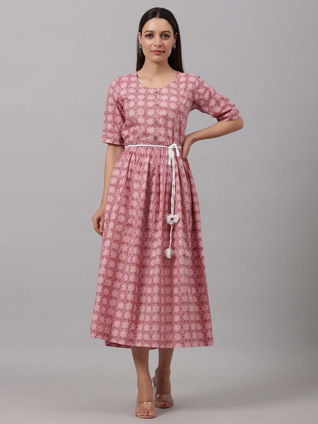 

Do Dhaage Ethnic Motifs Printed A-Line Midi Dress, Peach