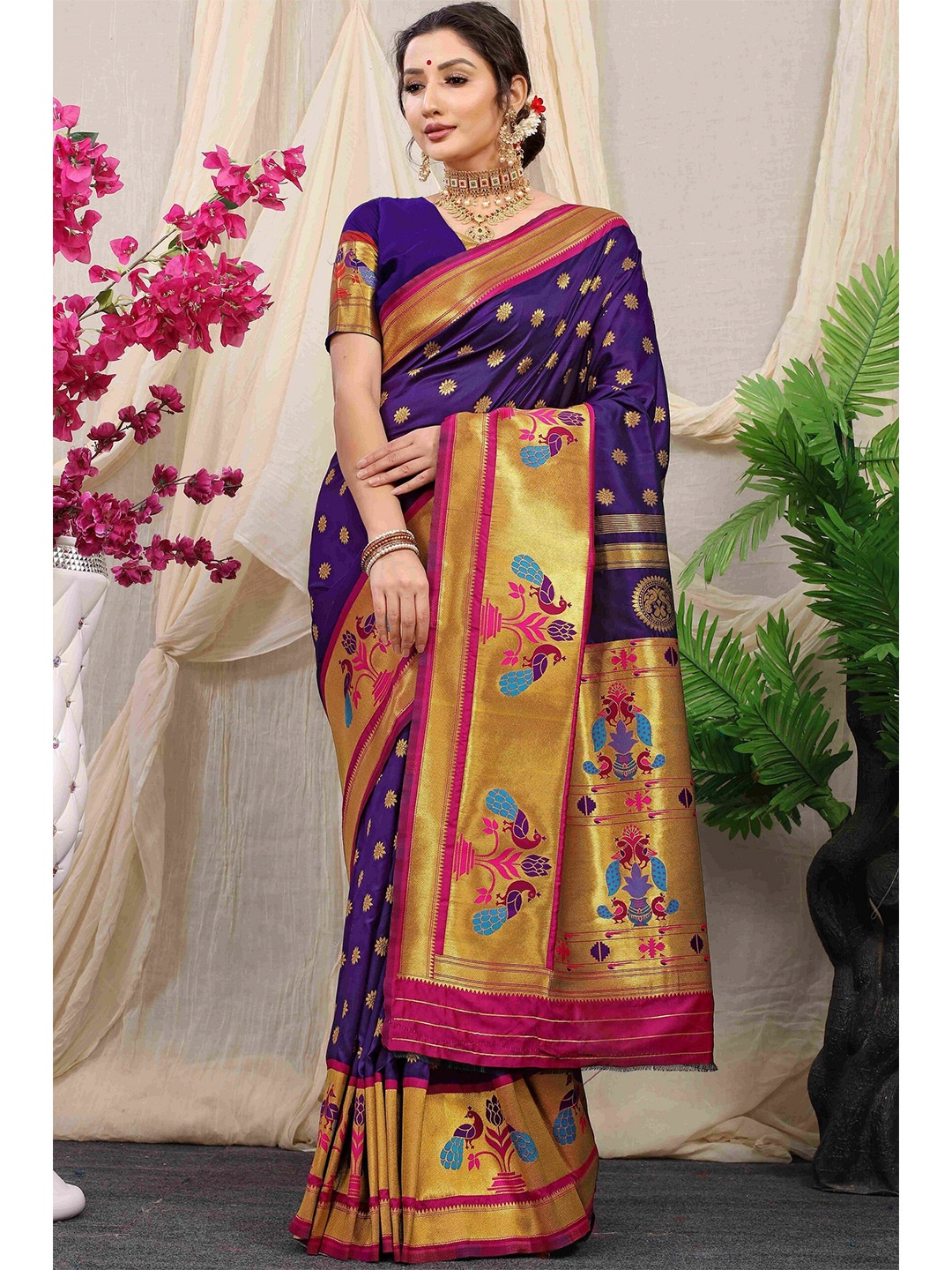 

Anaita Floral Woven Design Zari Pure Silk Banarasi Saree, Purple