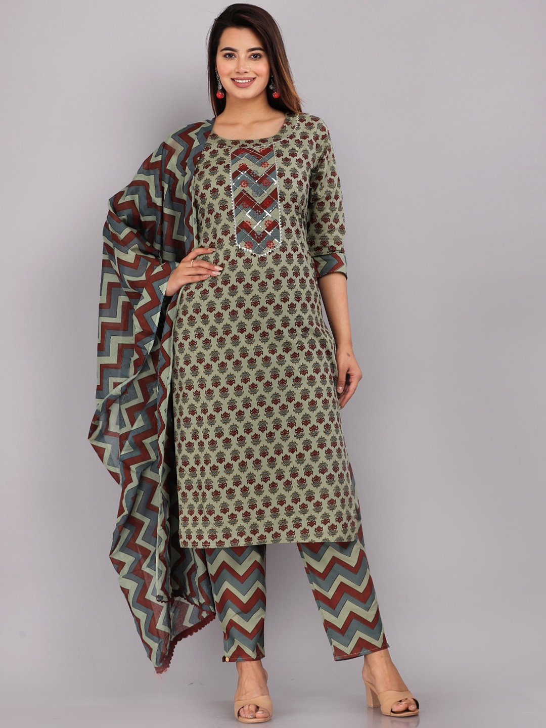 

KALINI Ethnic Motifs Printed Sequined Pure Cotton Kurta with Trousers & Dupatta, Olive