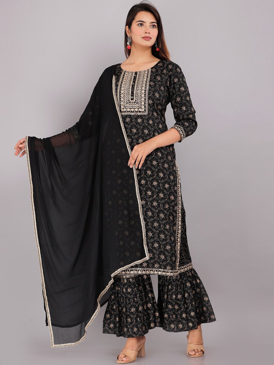 

KALINI Floral Printed Kurta with Sharara & With Dupatta, Black