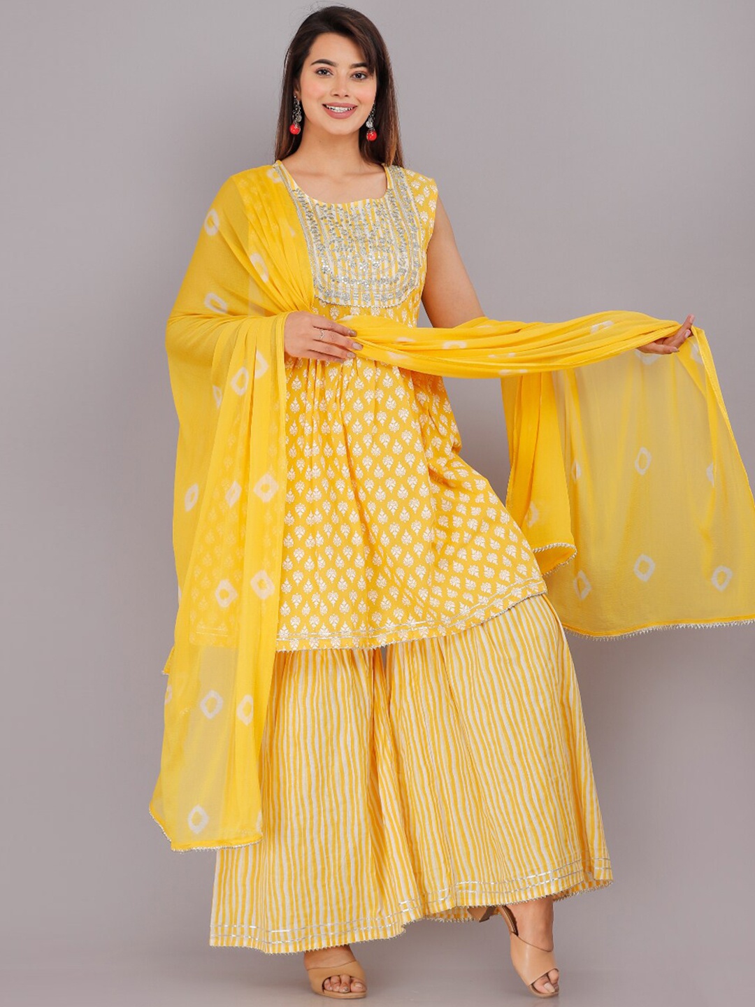 

KALINI Ethnic Motifs Printed Gotta Patti Pure Cotton A-Line Kurta With Sharara & Dupatta, Yellow
