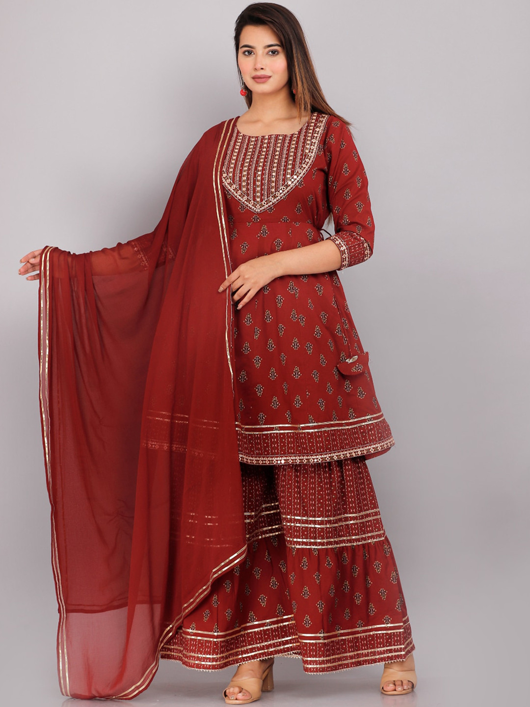 

KALINI Ethnic Motifs Printed Mirror Work Pure Cotton A-Line Kurta With Sharara & Dupatta, Maroon