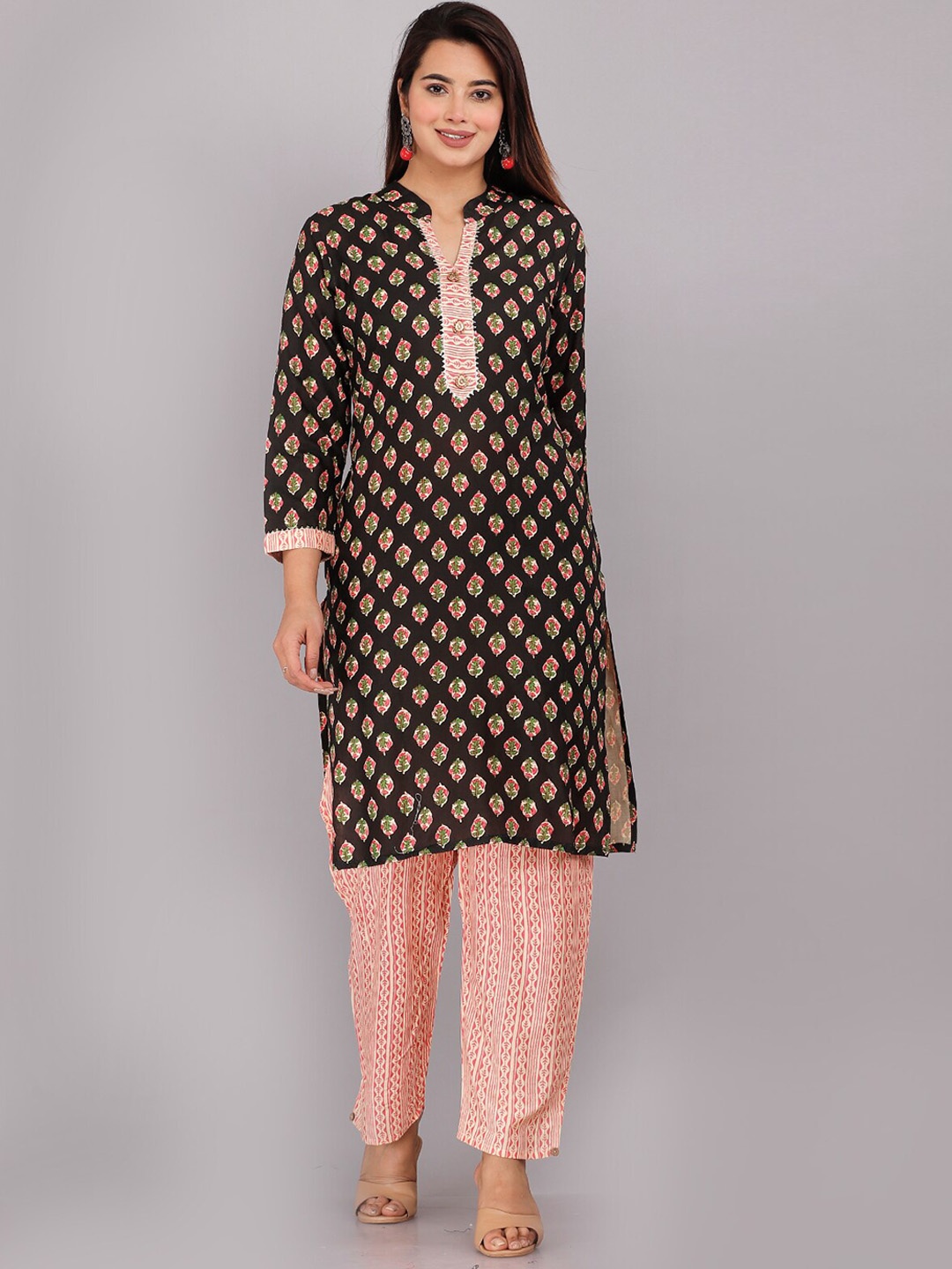 

KALINI Band Collar Floral Printed Pure Cotton Kurta With Trousers, Black