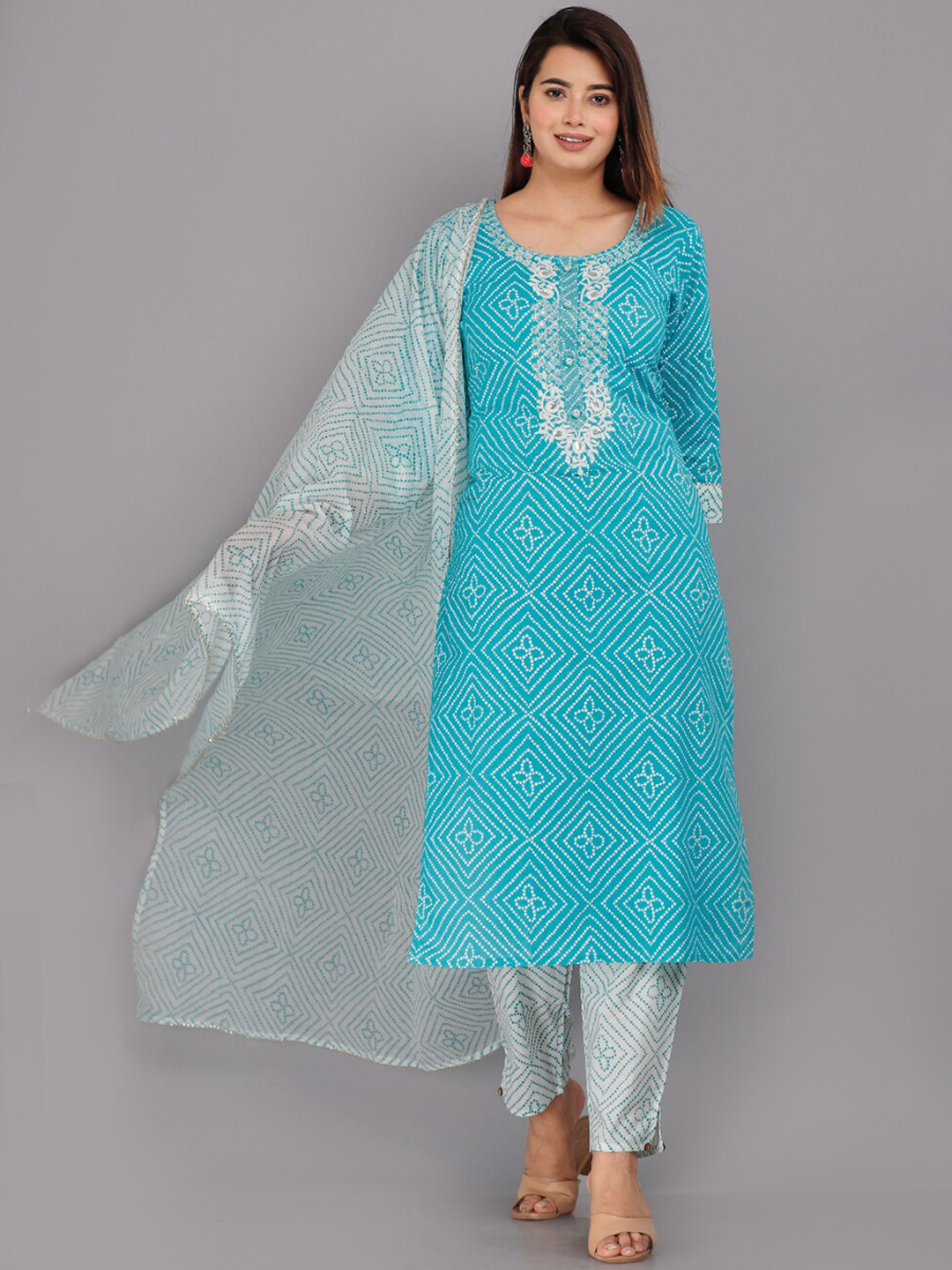 

KALINI Bandhani Printed Sequined Pure Cotton Kurta with Trousers & With Dupatta, Blue