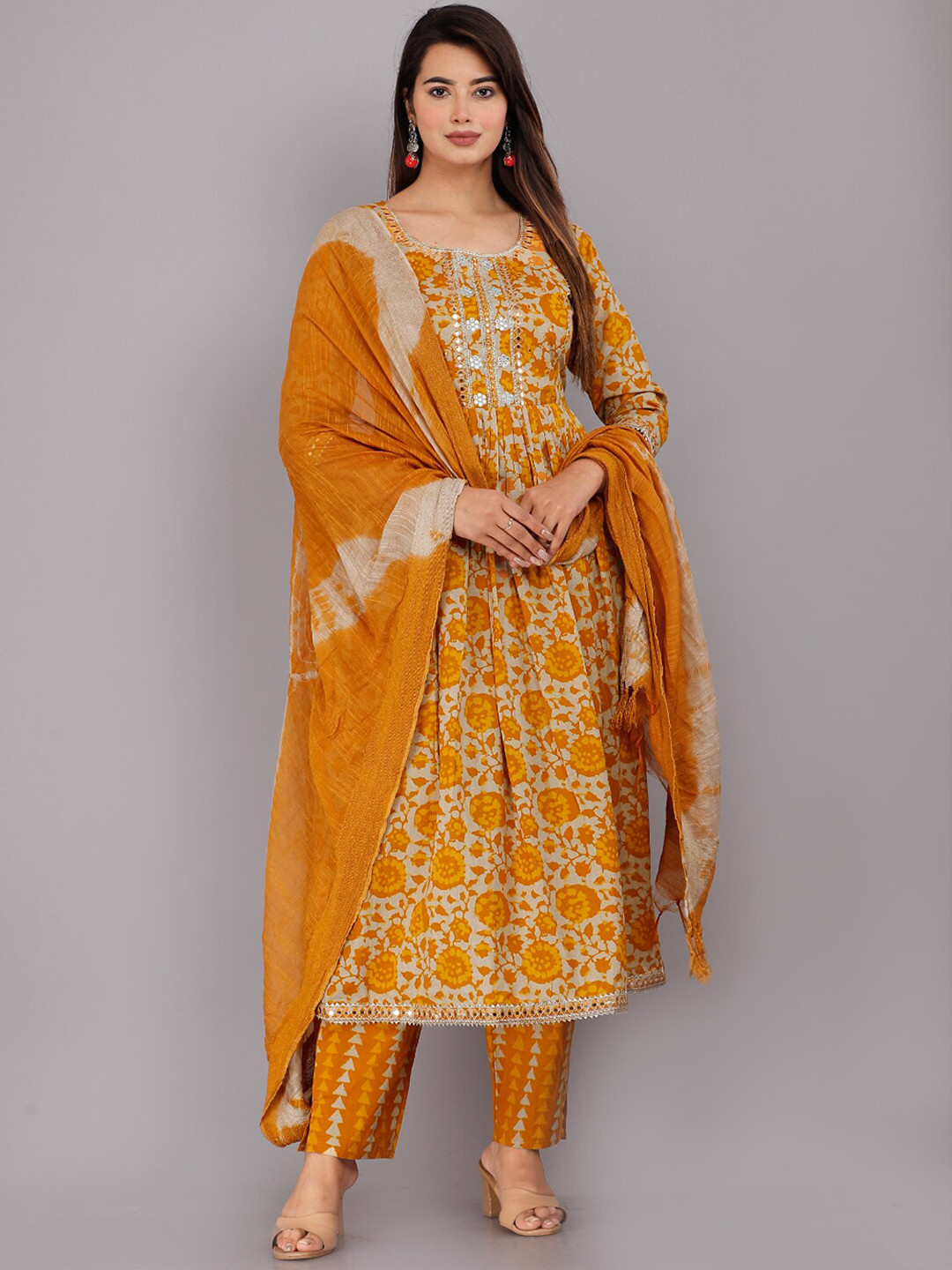 

KALINI Floral Printed Mirror Work Pure Cotton A-Line Kurta with Trousers & Dupatta, Mustard