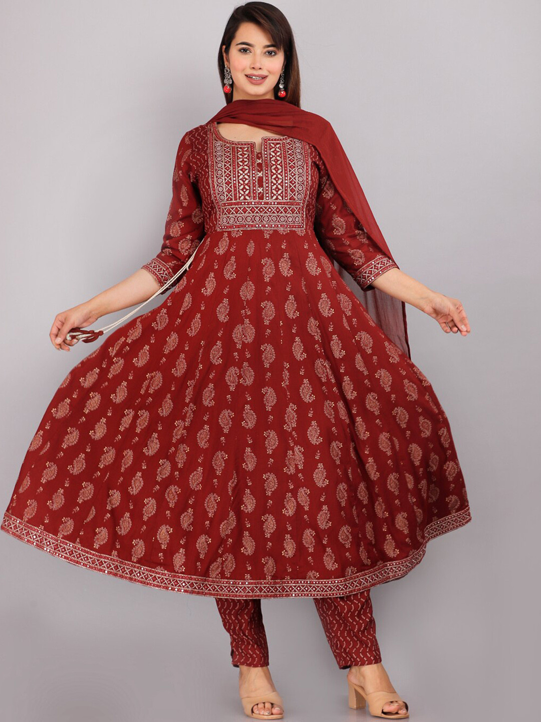 

KALINI Floral Printed Mirror Work Anarkali Kurta with Trousers & Dupatta, Maroon