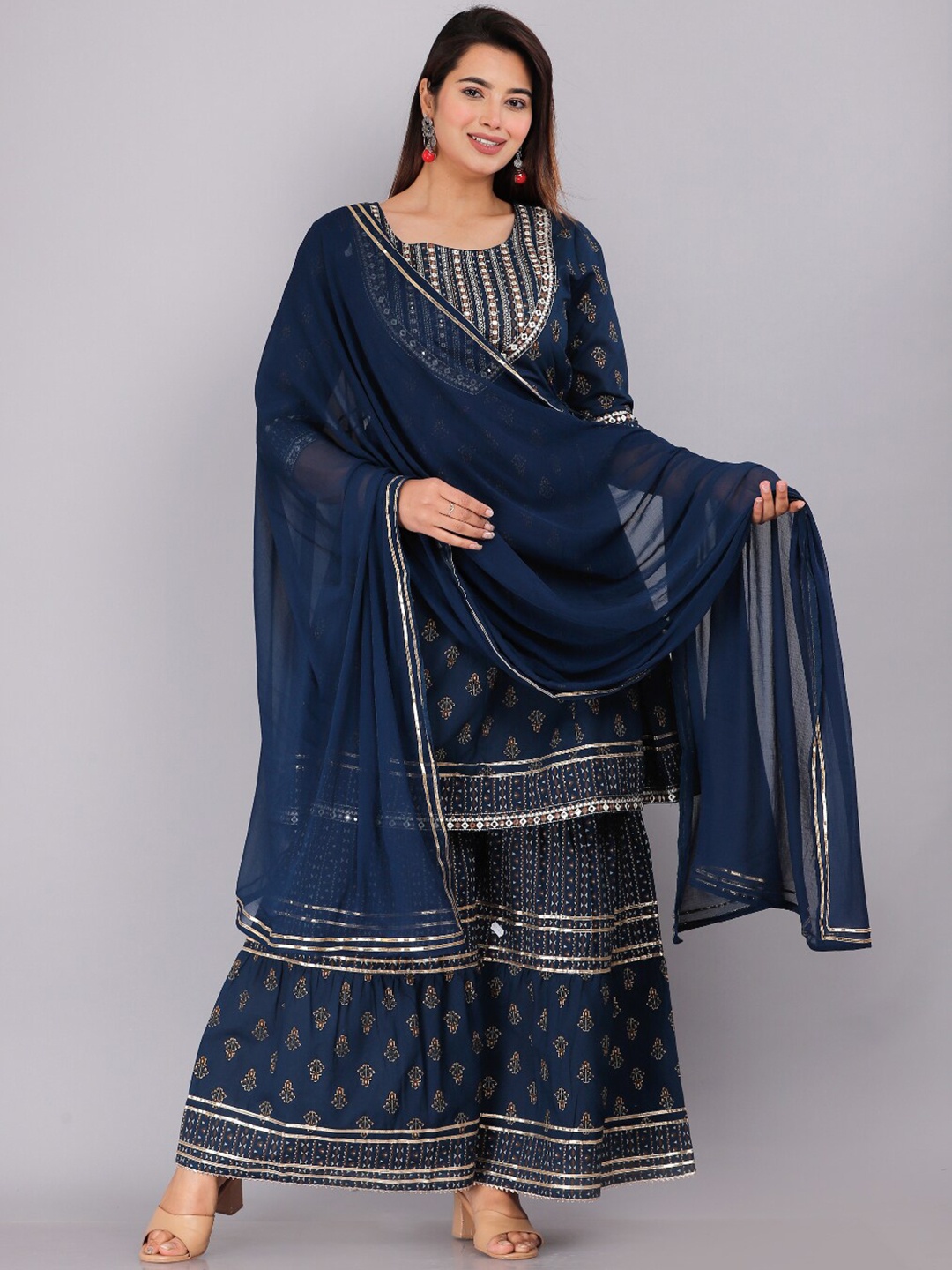 

KALINI Ethnic Motif Printed Mirror Work Pure Cotton Kurta with Sharara & Dupatta, Navy blue