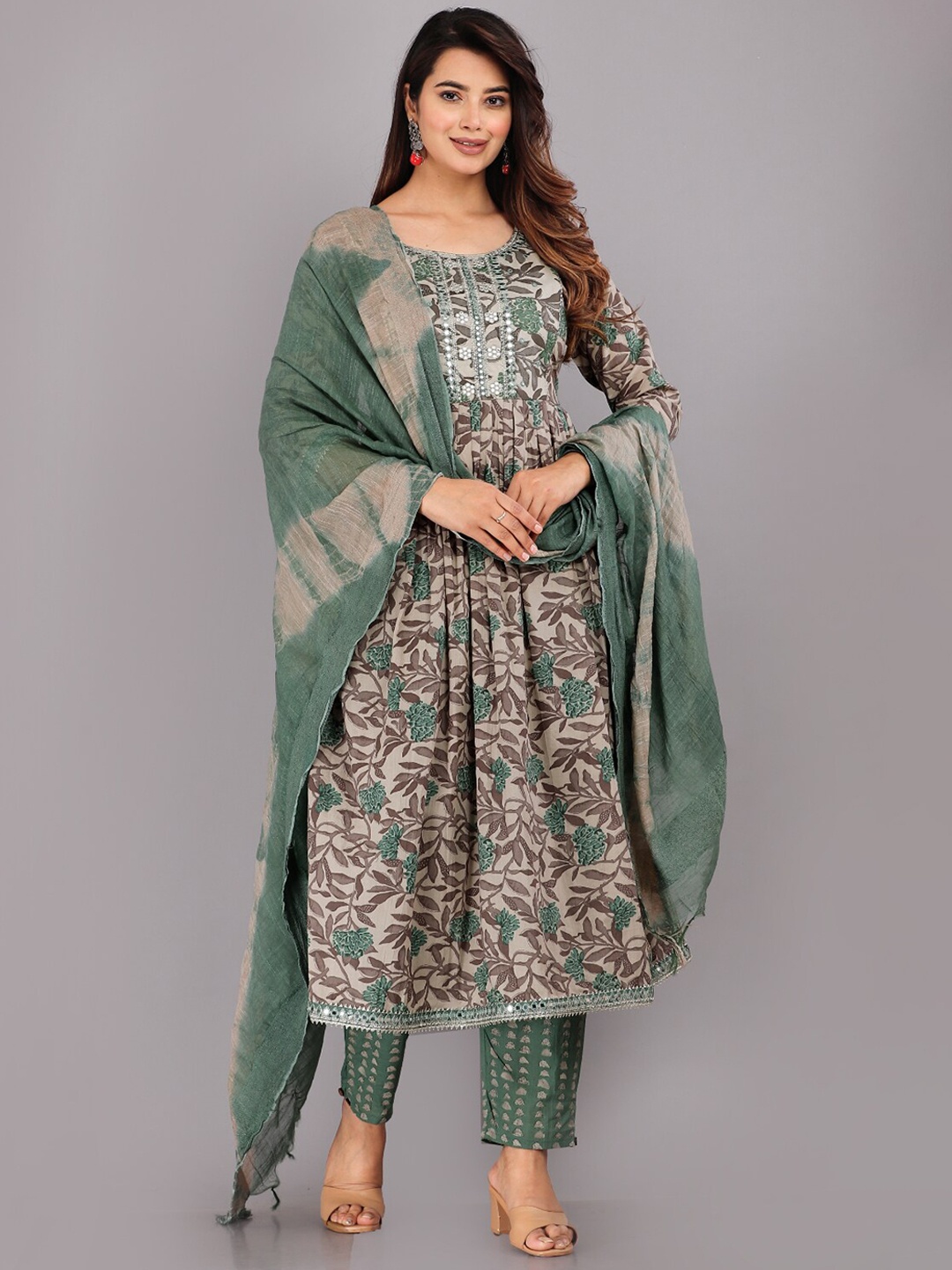 

KALINI Floral Printed Mirror Work Pure Cotton A-Line Kurta with Trousers & Dupatta, Green