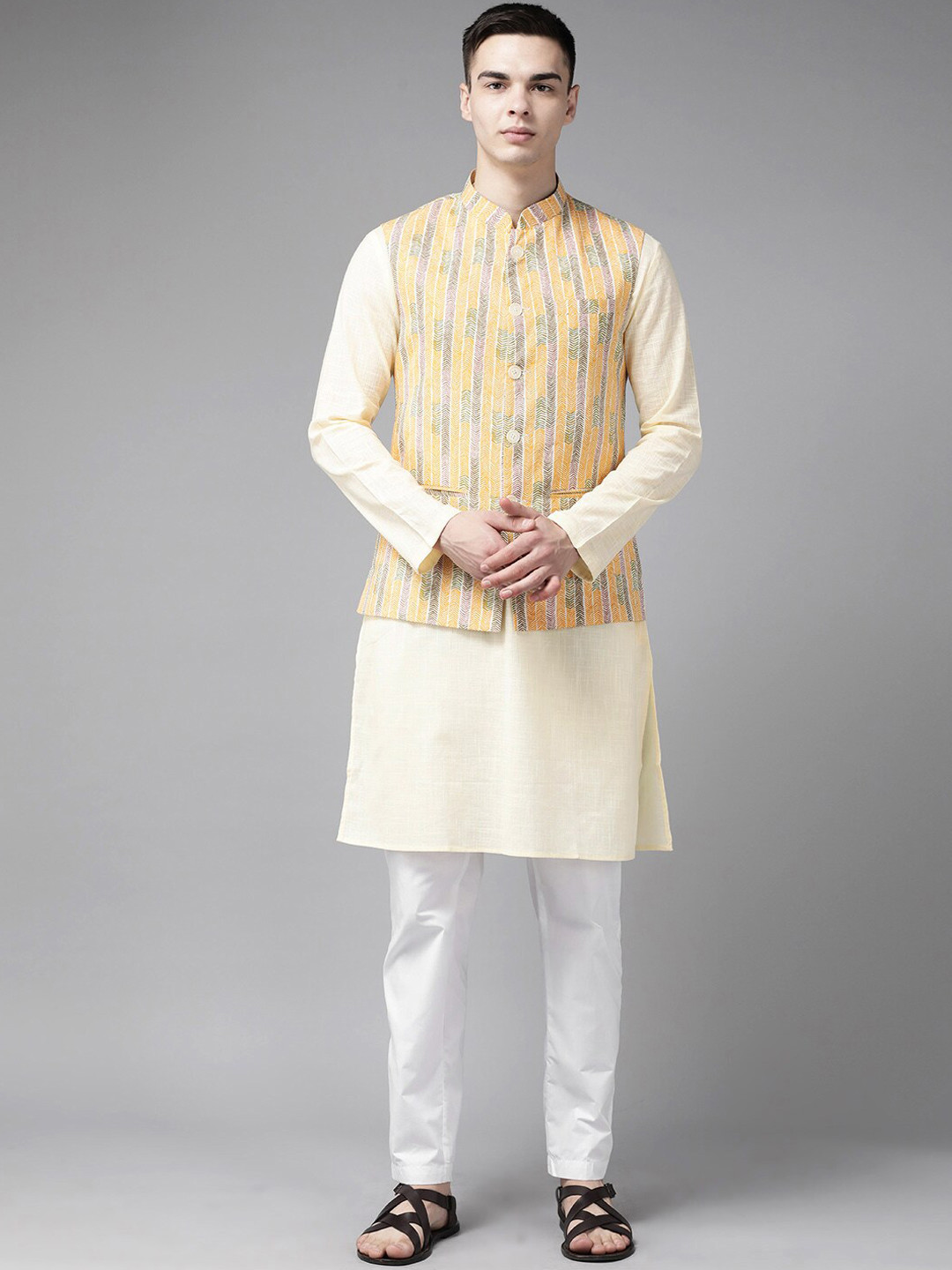 

See Designs Printed Pure Cotton Nehru Jacket, Yellow