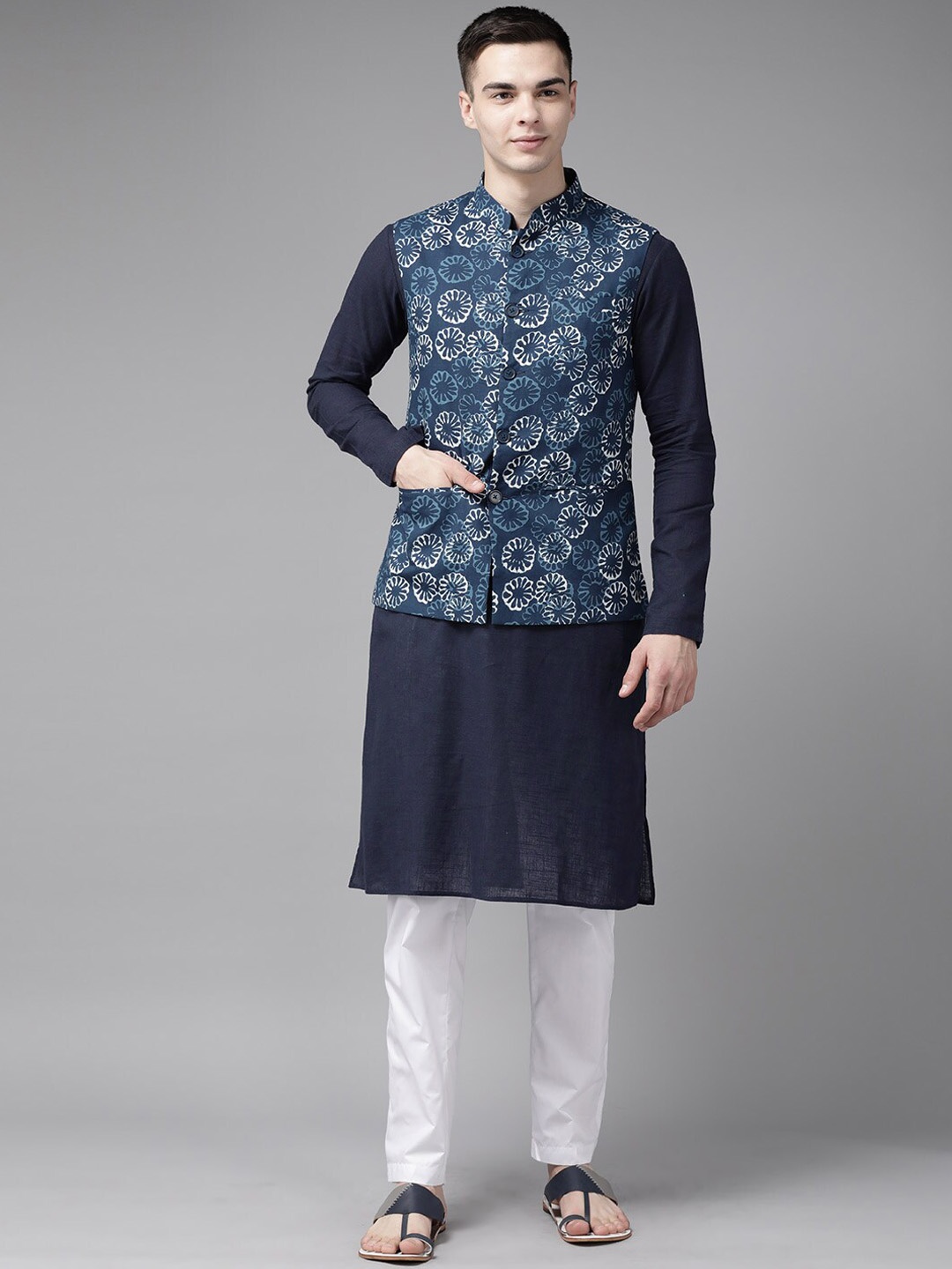 

See Designs Printed Pure Cotton Nehru Jacket, Blue