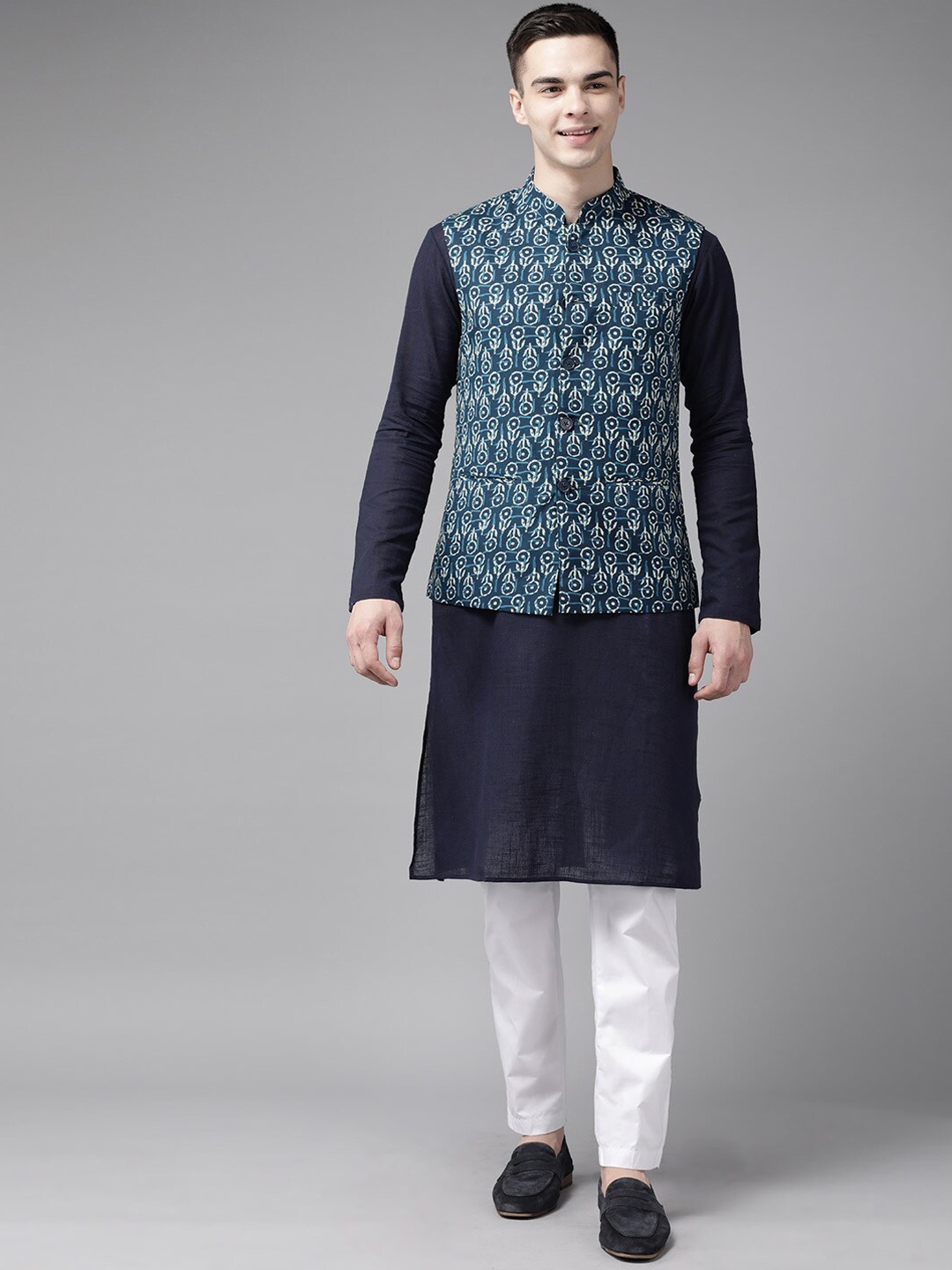 

See Designs Printed Pure Cotton Nehru Jacket, Blue