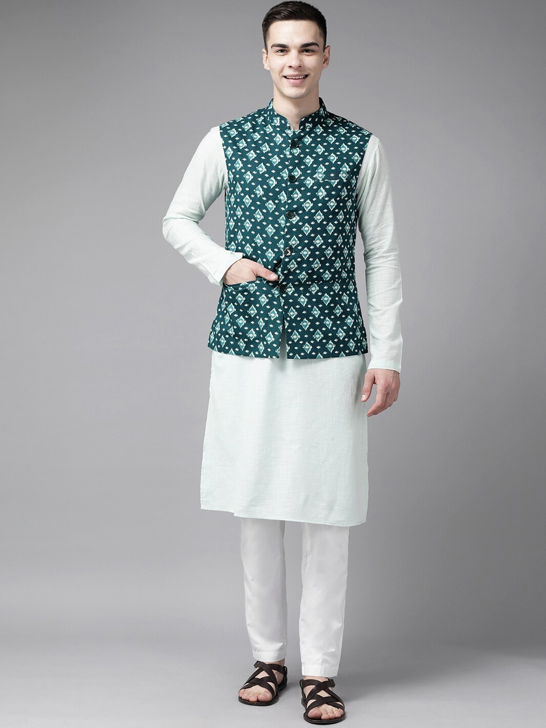 

See Designs Printed Pure Cotton Nehru Jacket, Teal
