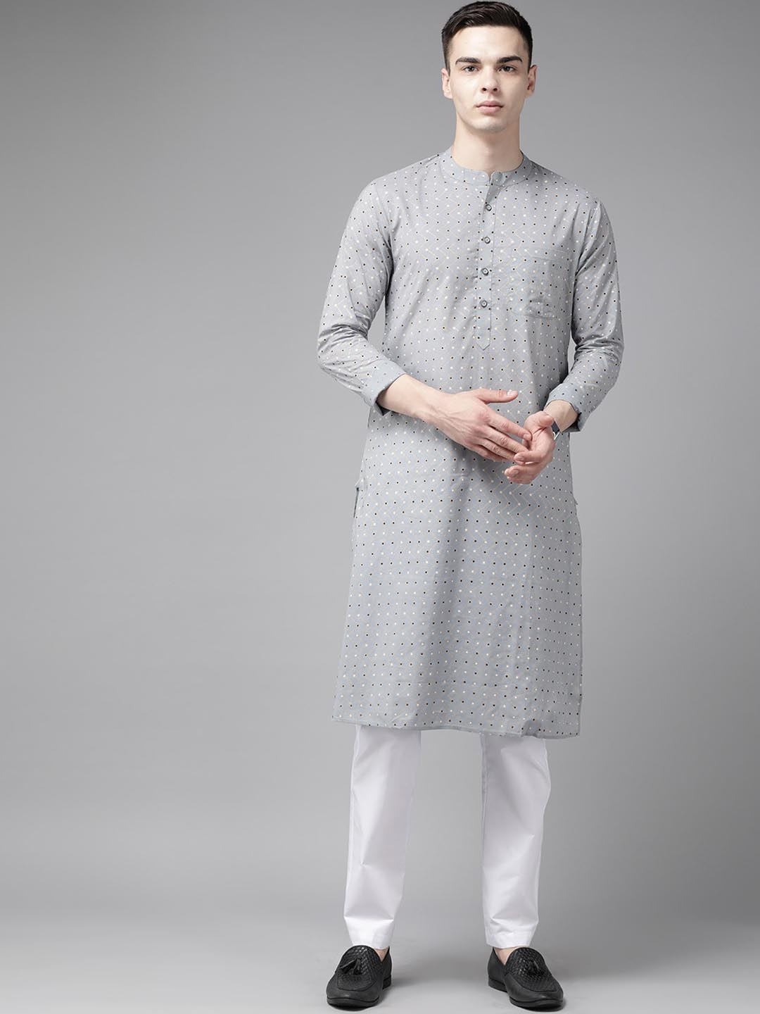 

See Designs Men Geometric Printed Cotton Mandarin Collar Kurta, Grey