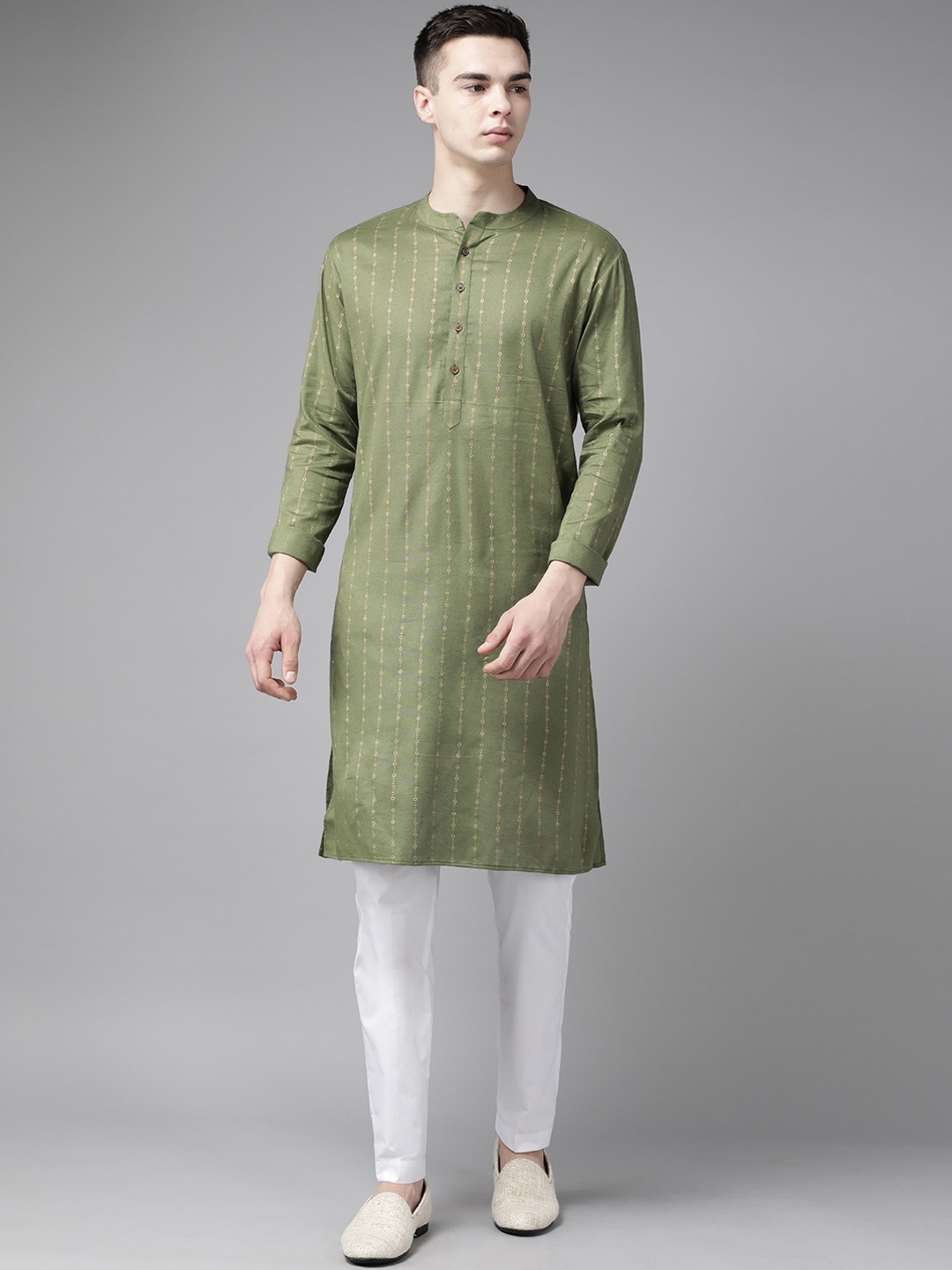 

See Designs Men Geometric Foil Printed Cotton Kurta, Green