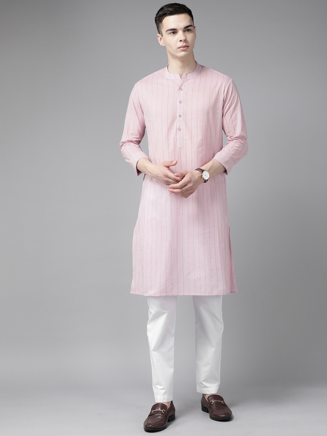 

See Designs Stripe Band Collar Pure Cotton Kurta, Pink