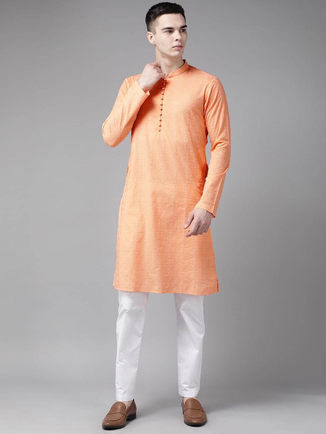 

See Designs Mandarin Collar Chikankari Embroidered Pure Cotton Straight Kurta, Peach