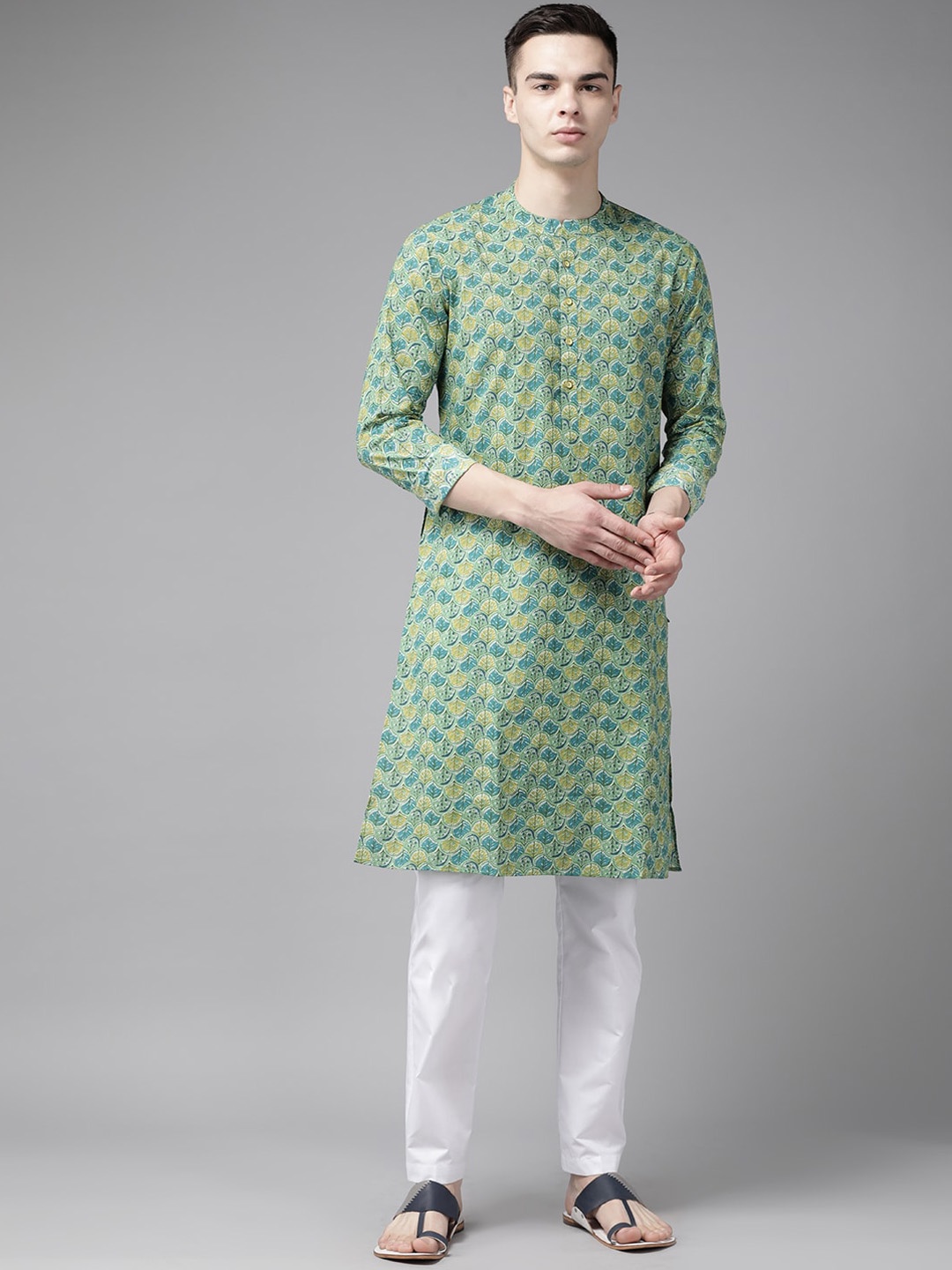 

See Designs Men Geometric Printed Pure Cotton Straight Kurta, Green