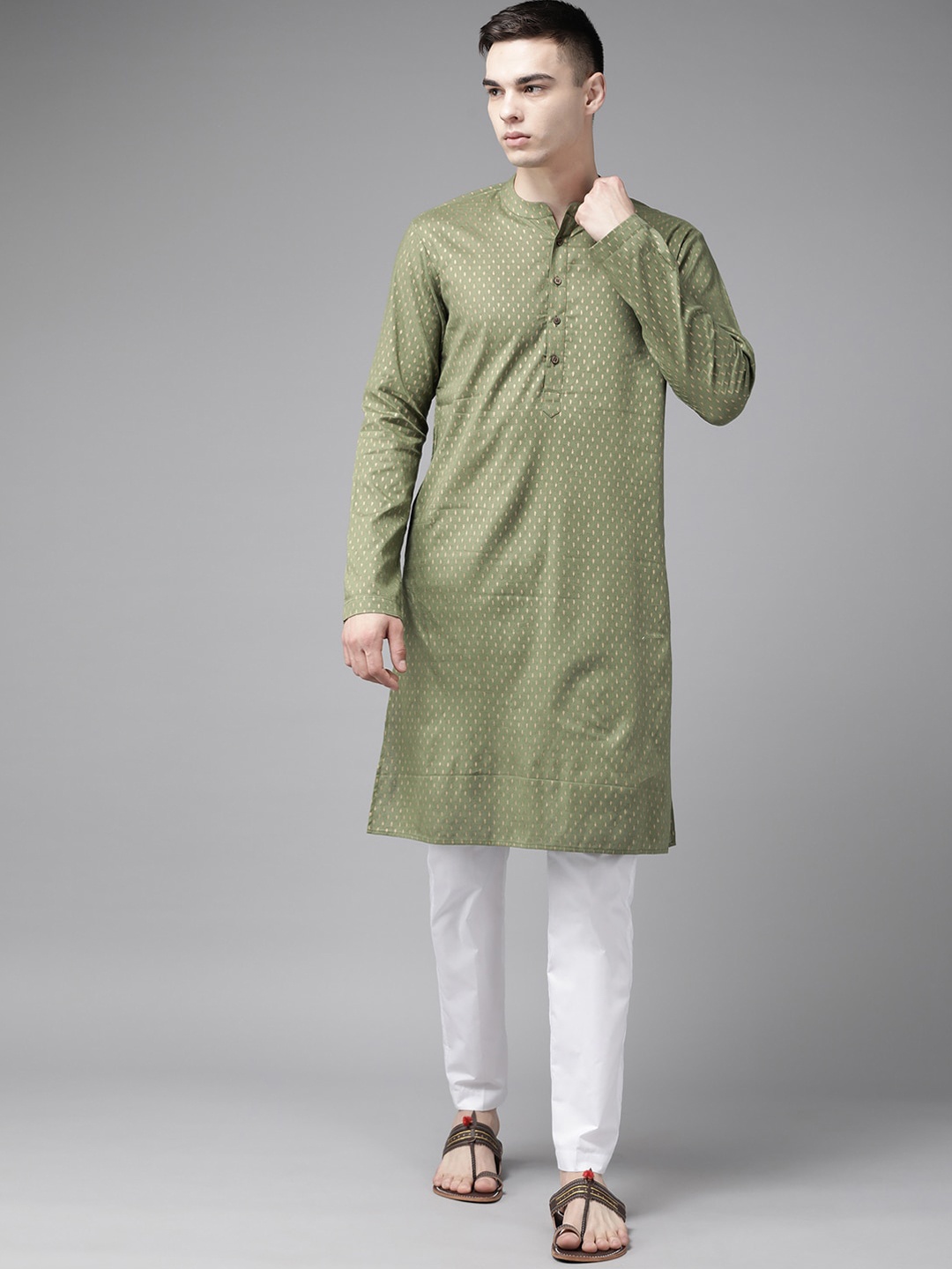 

See Designs Ethnic Motifs Printed Mandarin Collar Straight Pure Cotton Kurta, Green