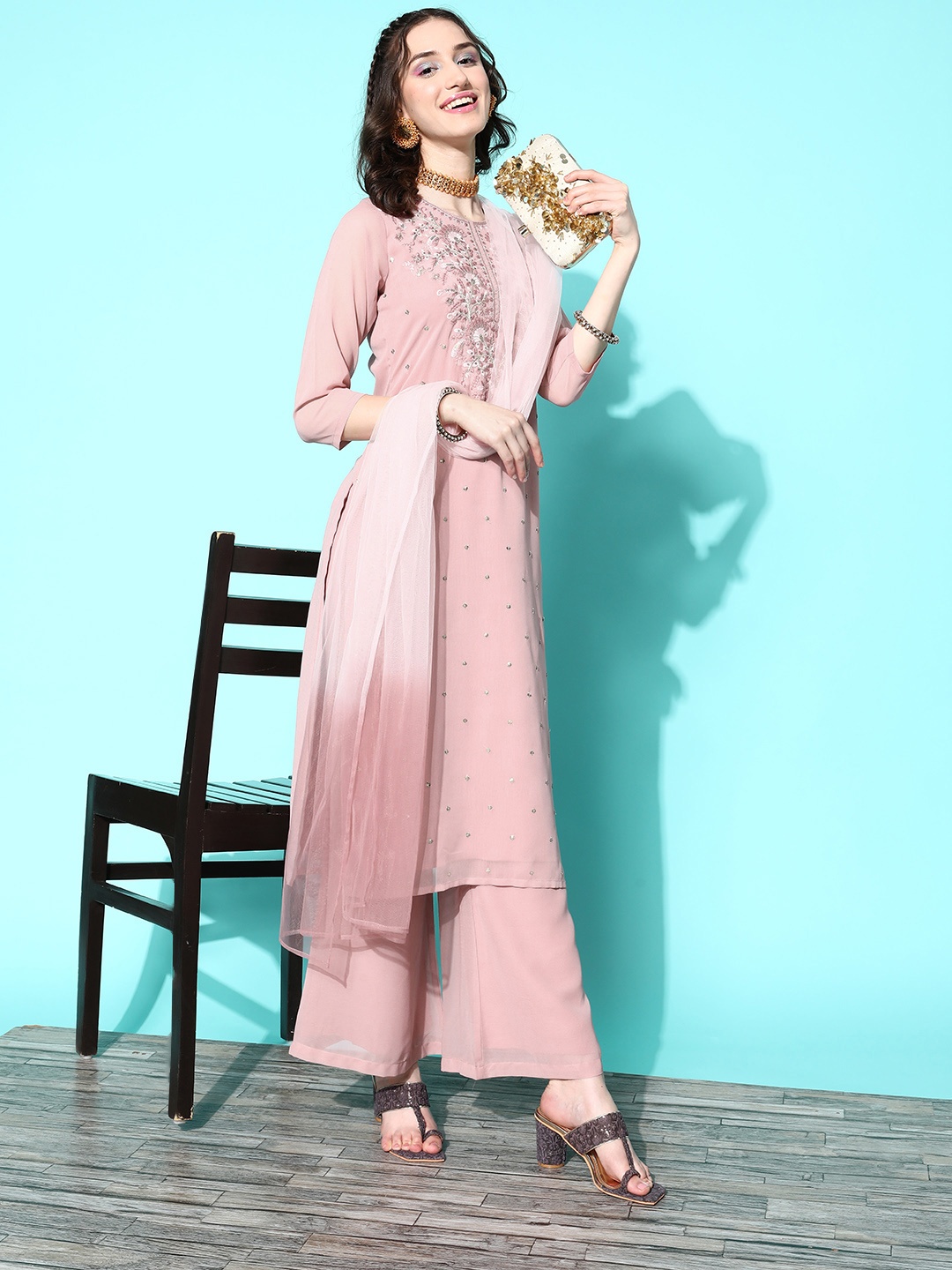 

Kvsfab Women Floral Embroidered Sequinned Kurta with Palazzos & With Dupatta, Pink