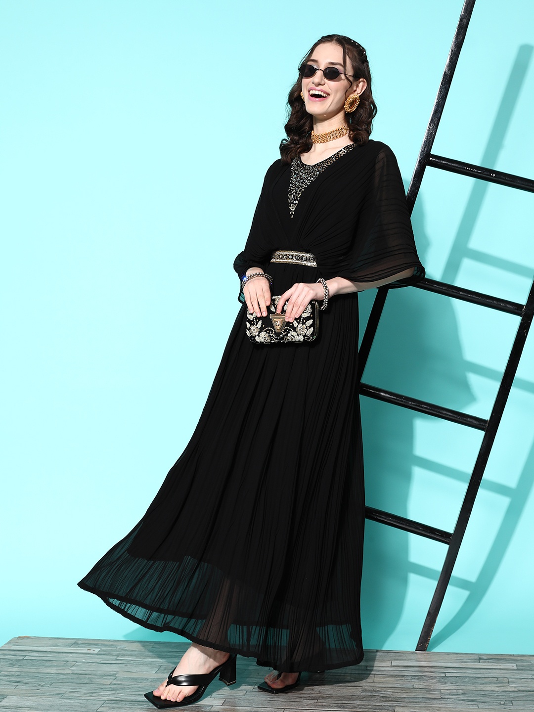 

Kvsfab Georgette Embroidered Belted Maxi Dress, Black