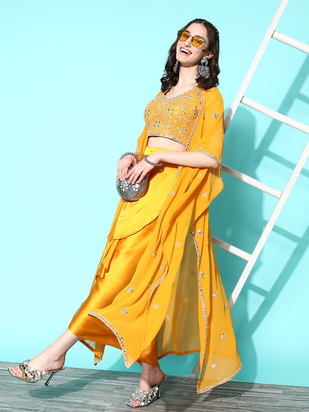 

Kvsfab Women Floral Embroidered Pleated Mirror Work Top with Skirt, Yellow