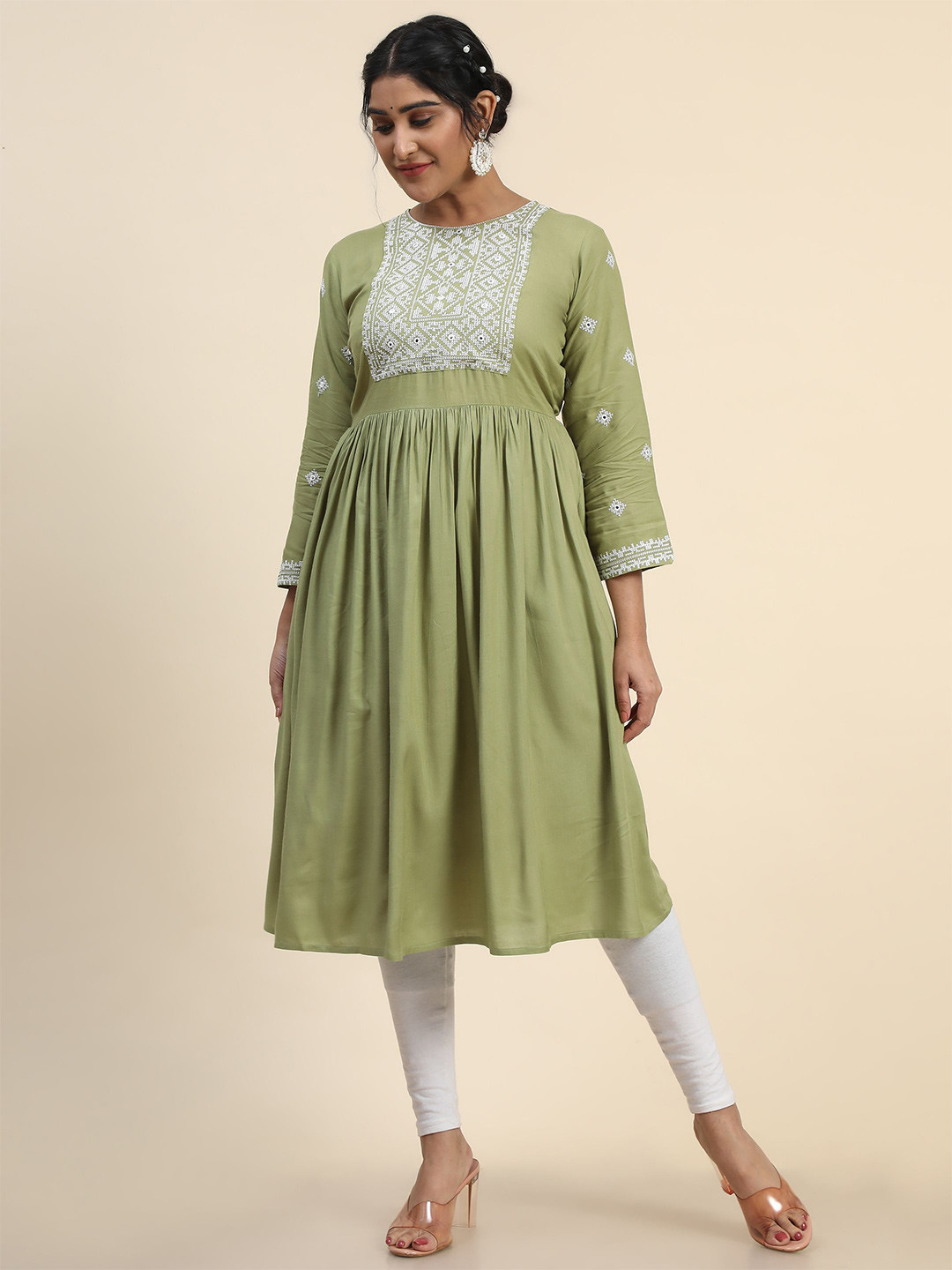 

KALINI Geometric Embroidered Round Neck A-Line Kurta, Green