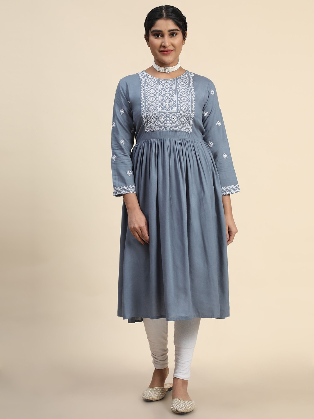 

KALINI Geometric Embroidered Round Neck A-Line Kurta, Grey