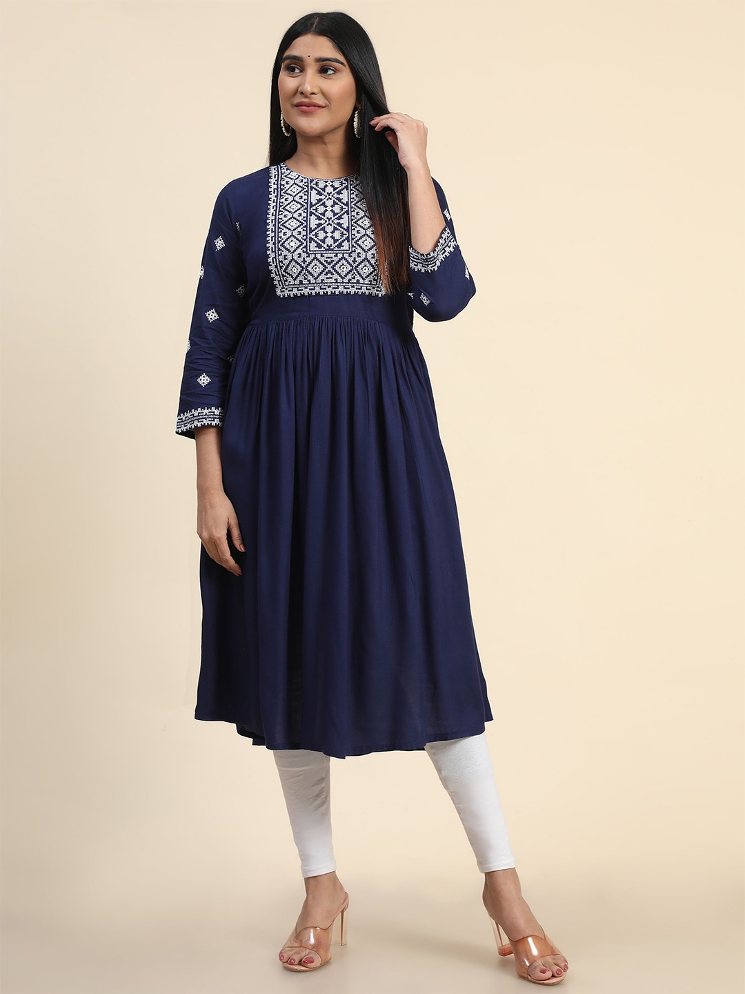 

KALINI Geometric Embroidered Round Neck A-Line Kurta, Navy blue