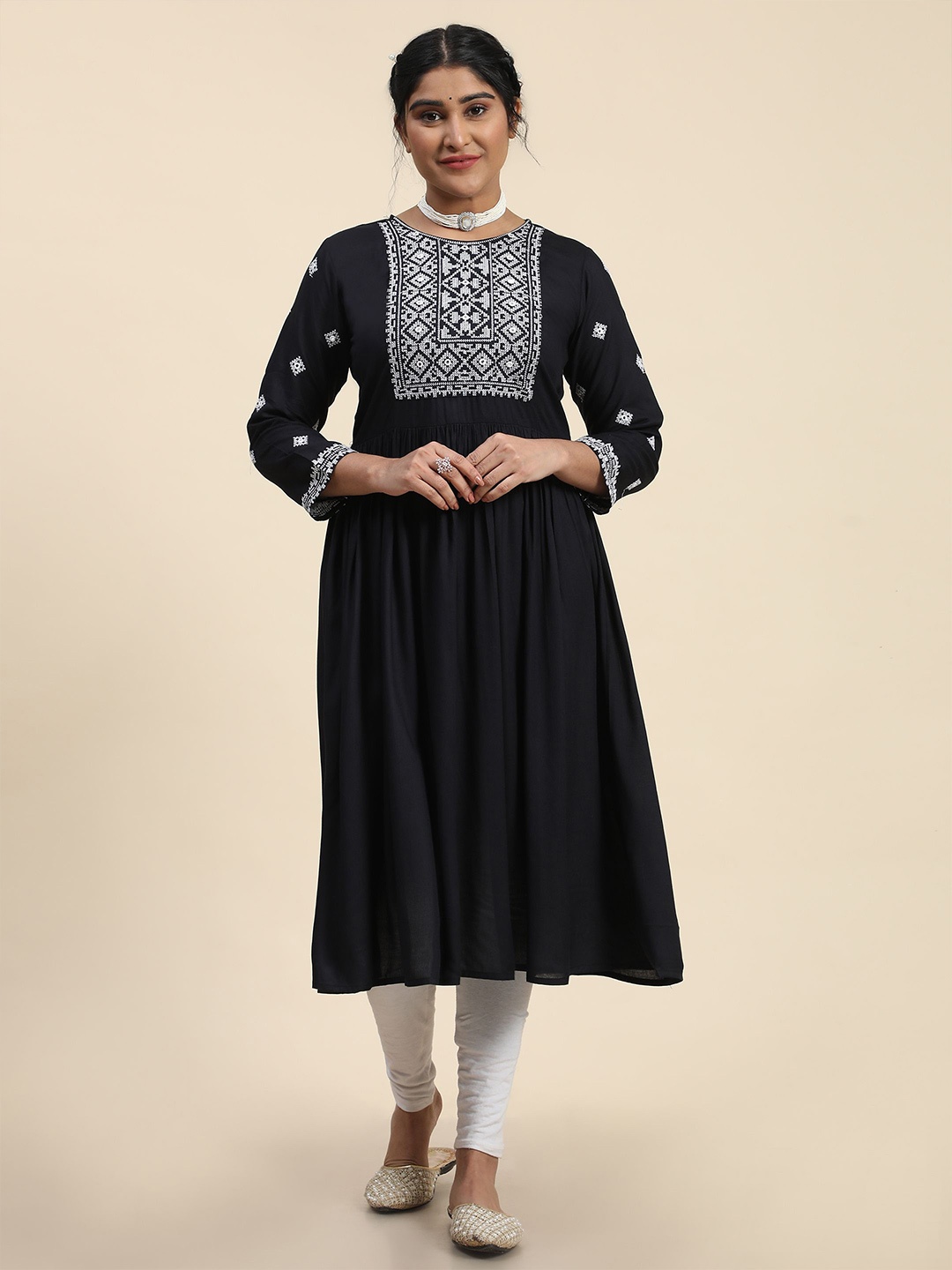 

KALINI Ethnic Motifs Embroidered With Gathers A-line Kurta, Black